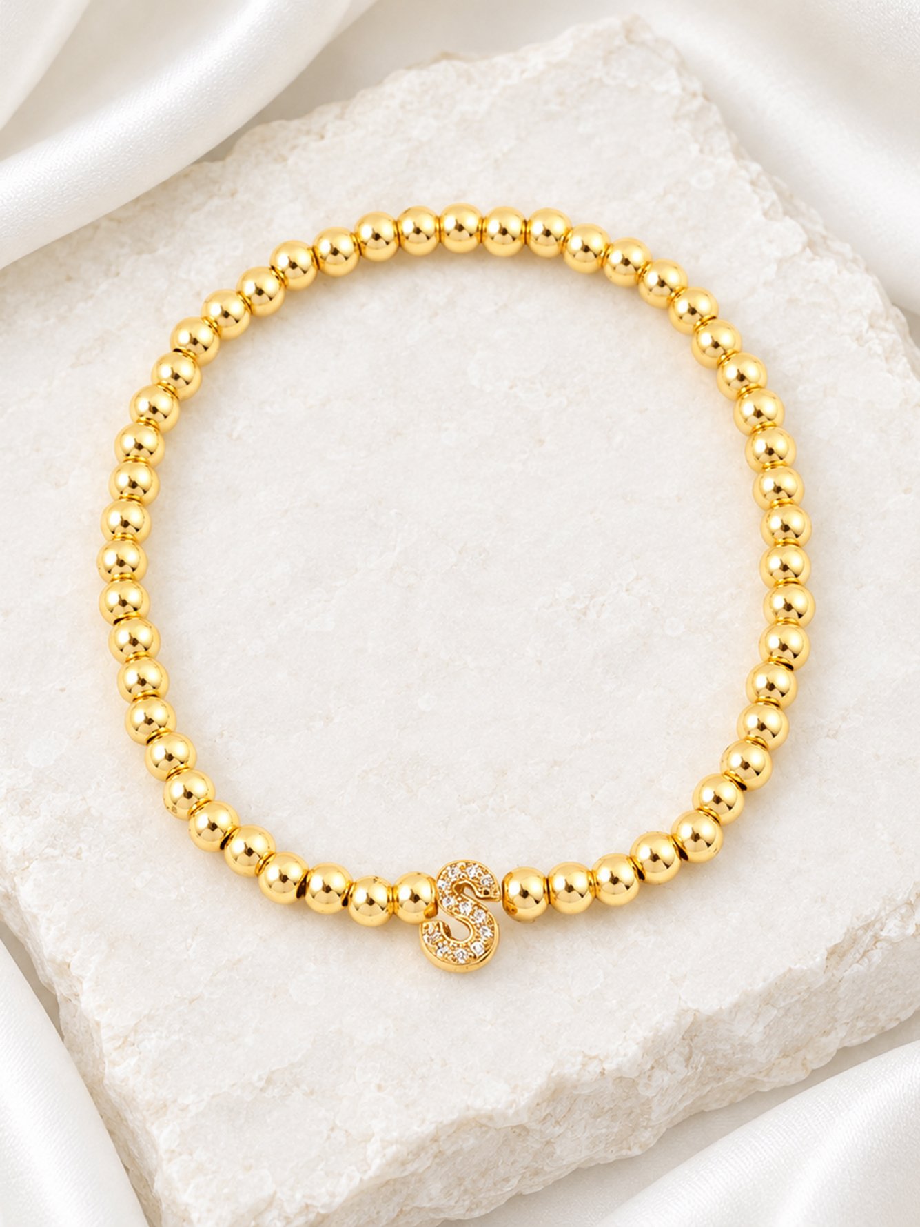 Gold Beaded Bracelet with Initial S Charm