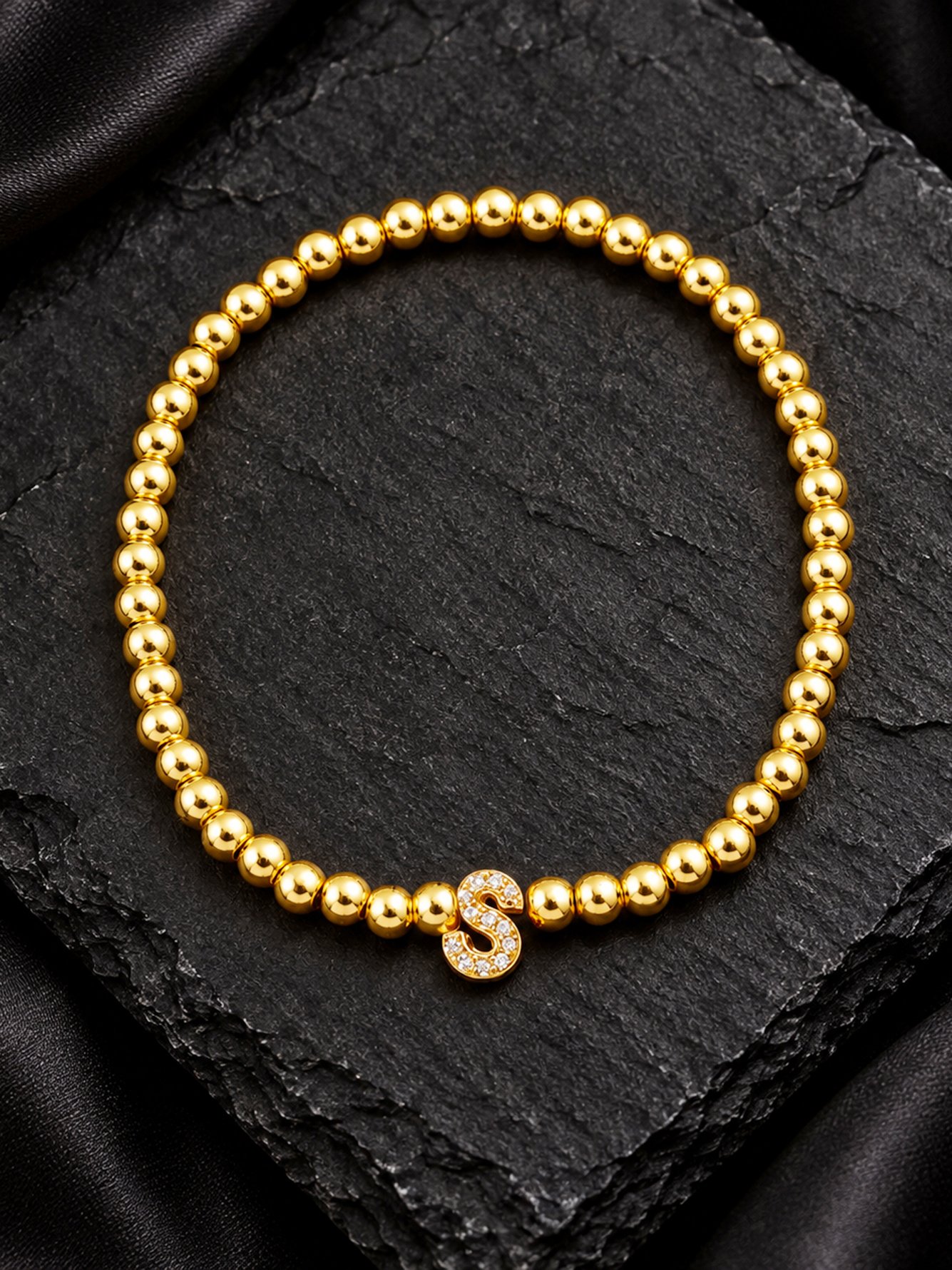 Gold Beaded Bracelet with Initial S Charm