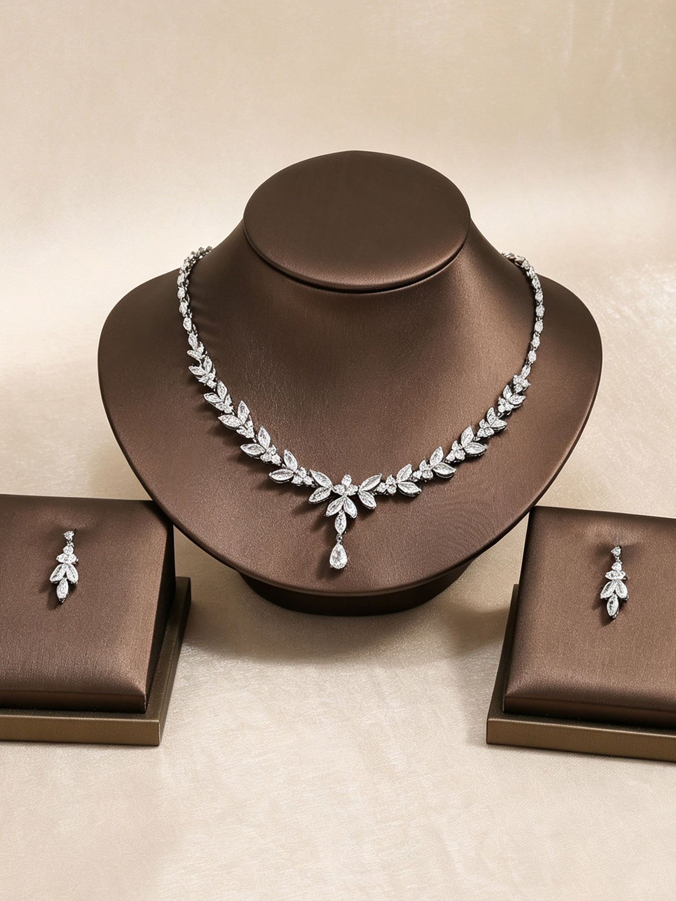 Silver Leaf Marquise Necklace and Teardrop Earrings Set