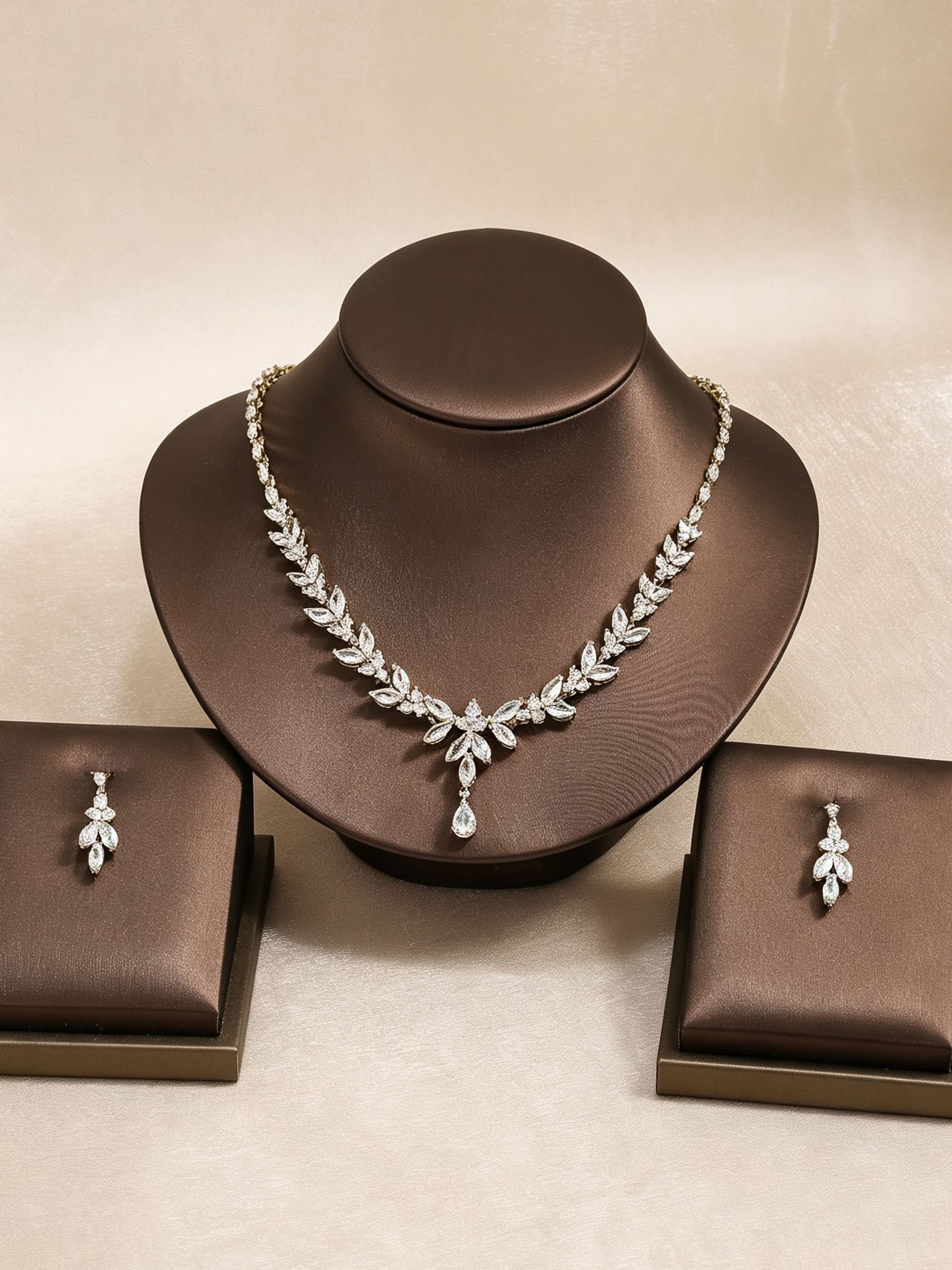 Gold Leaf Marquise Necklace and Teardrop Earrings Set