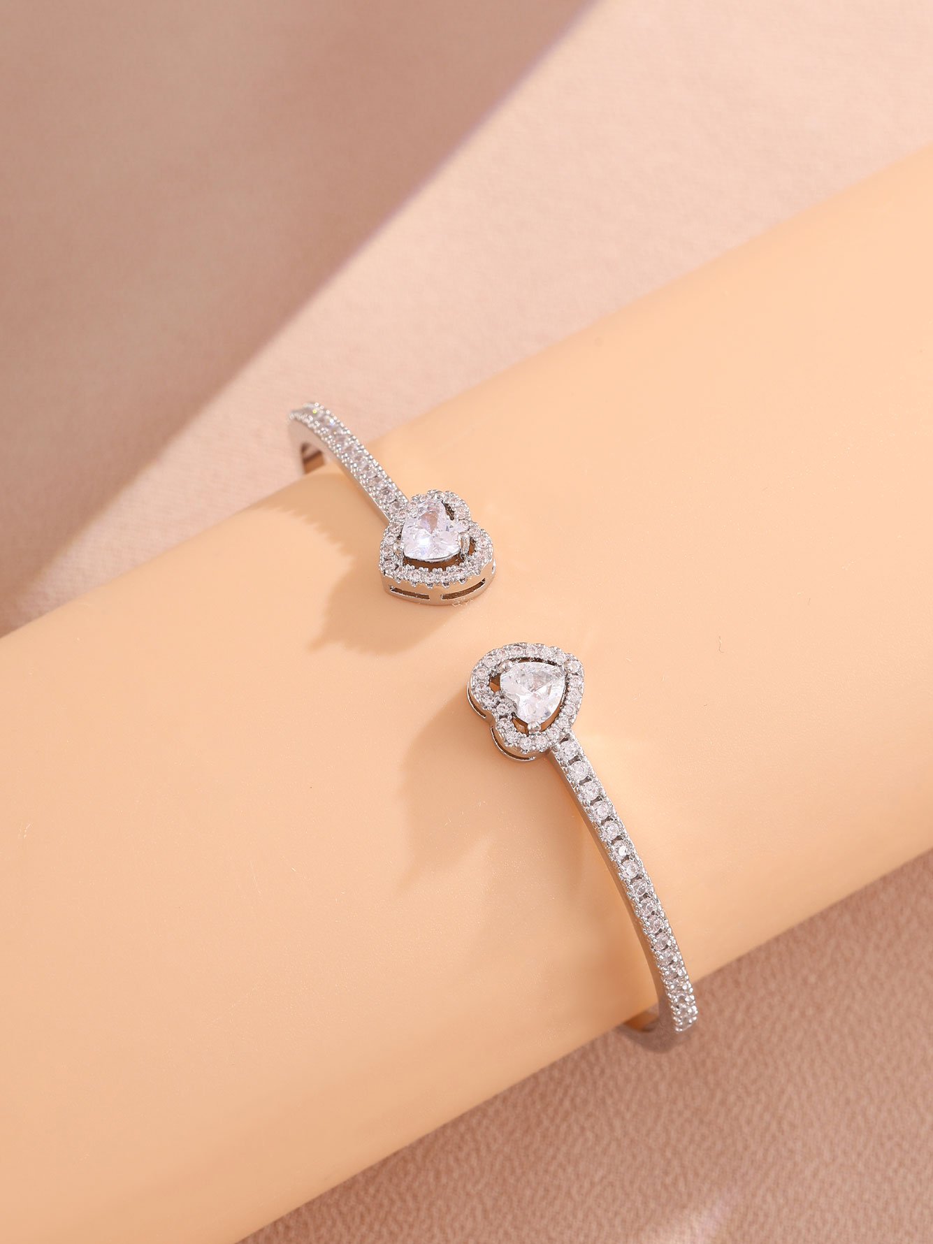 Silver Heart Zircon Cuff Bangle