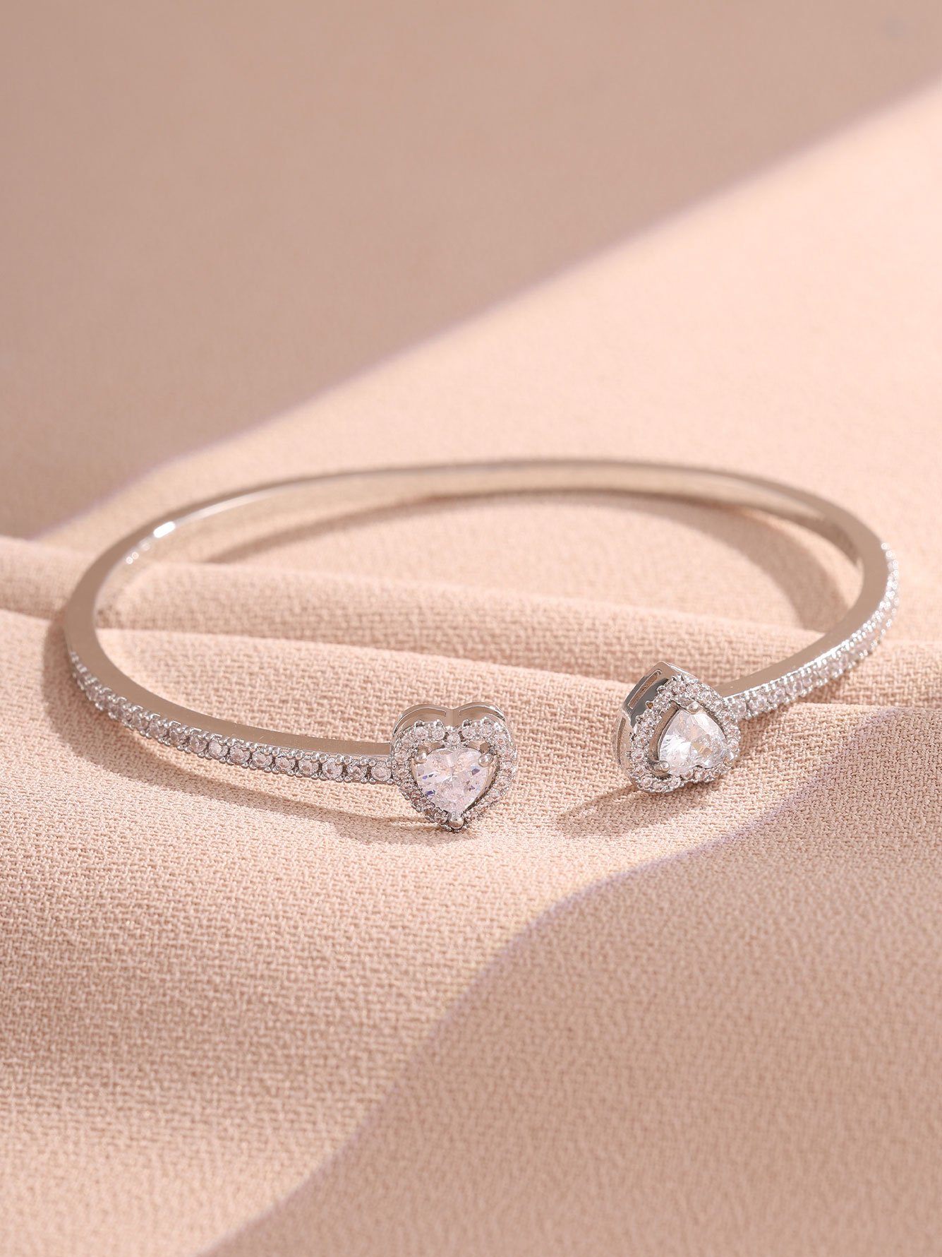 Silver Heart Zircon Cuff Bangle