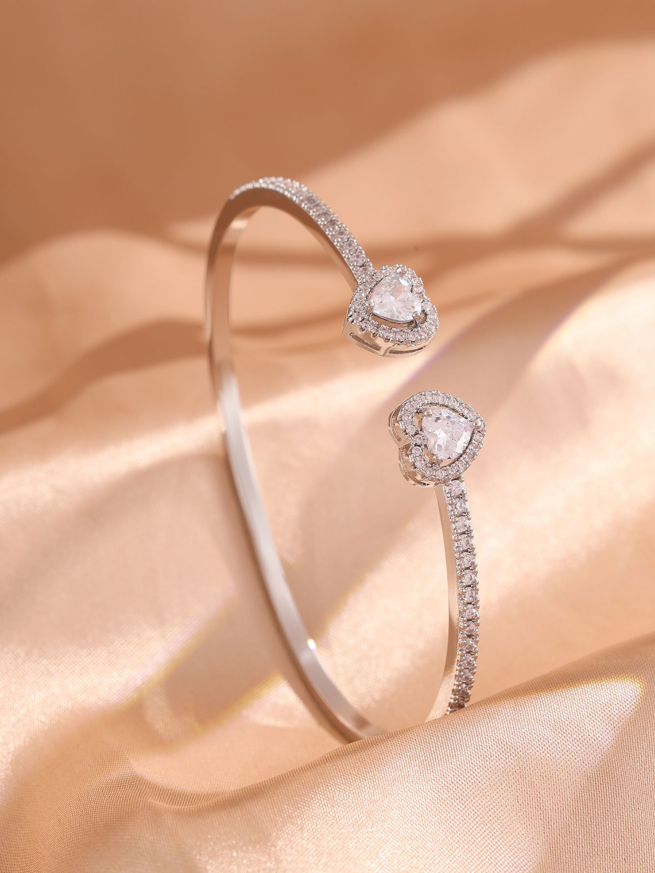 Silver Heart Zircon Cuff Bangle