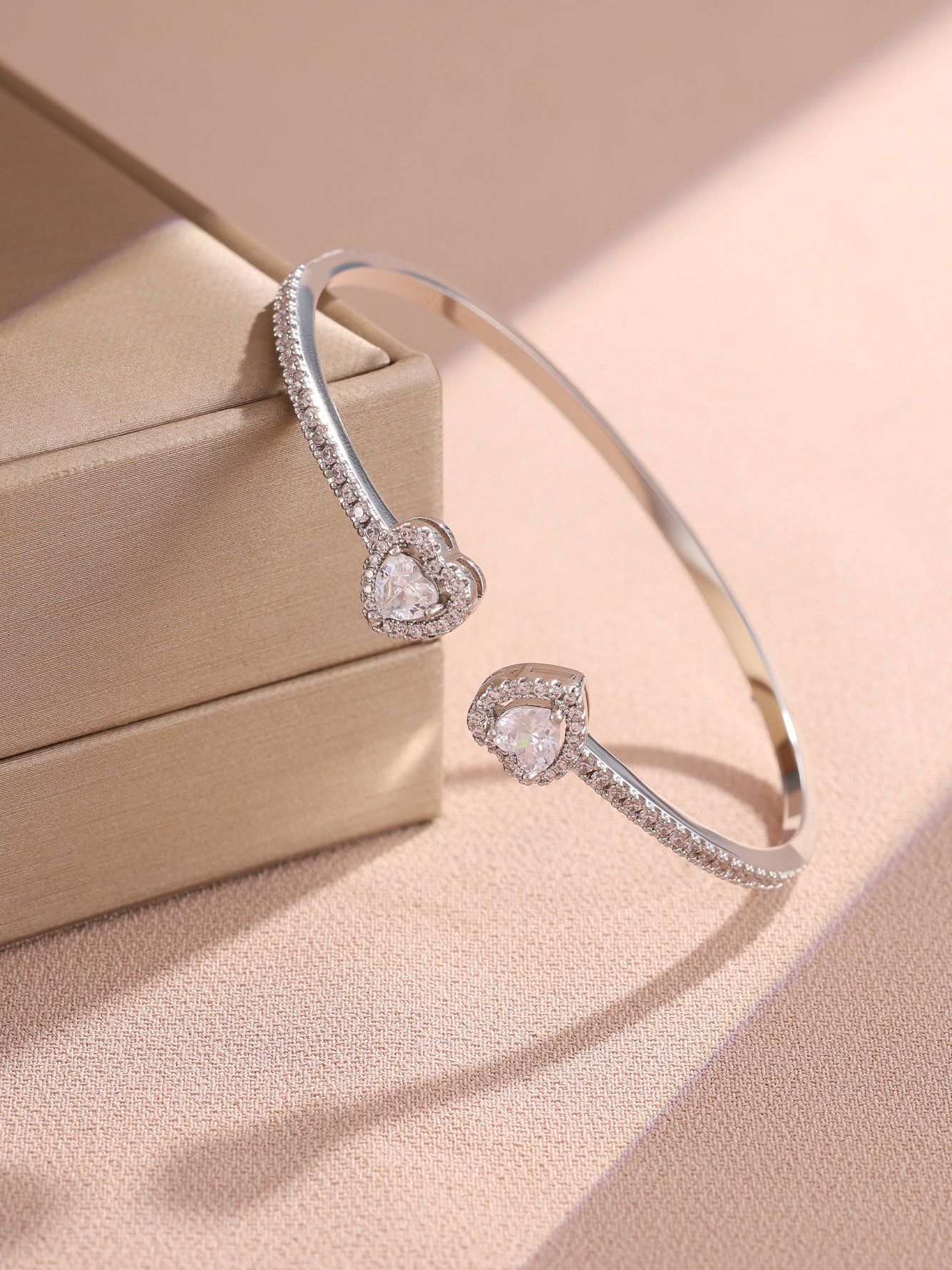 Silver Heart Zircon Cuff Bangle