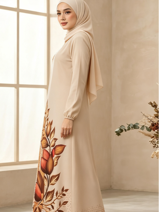 Beige Printed Jalabiya