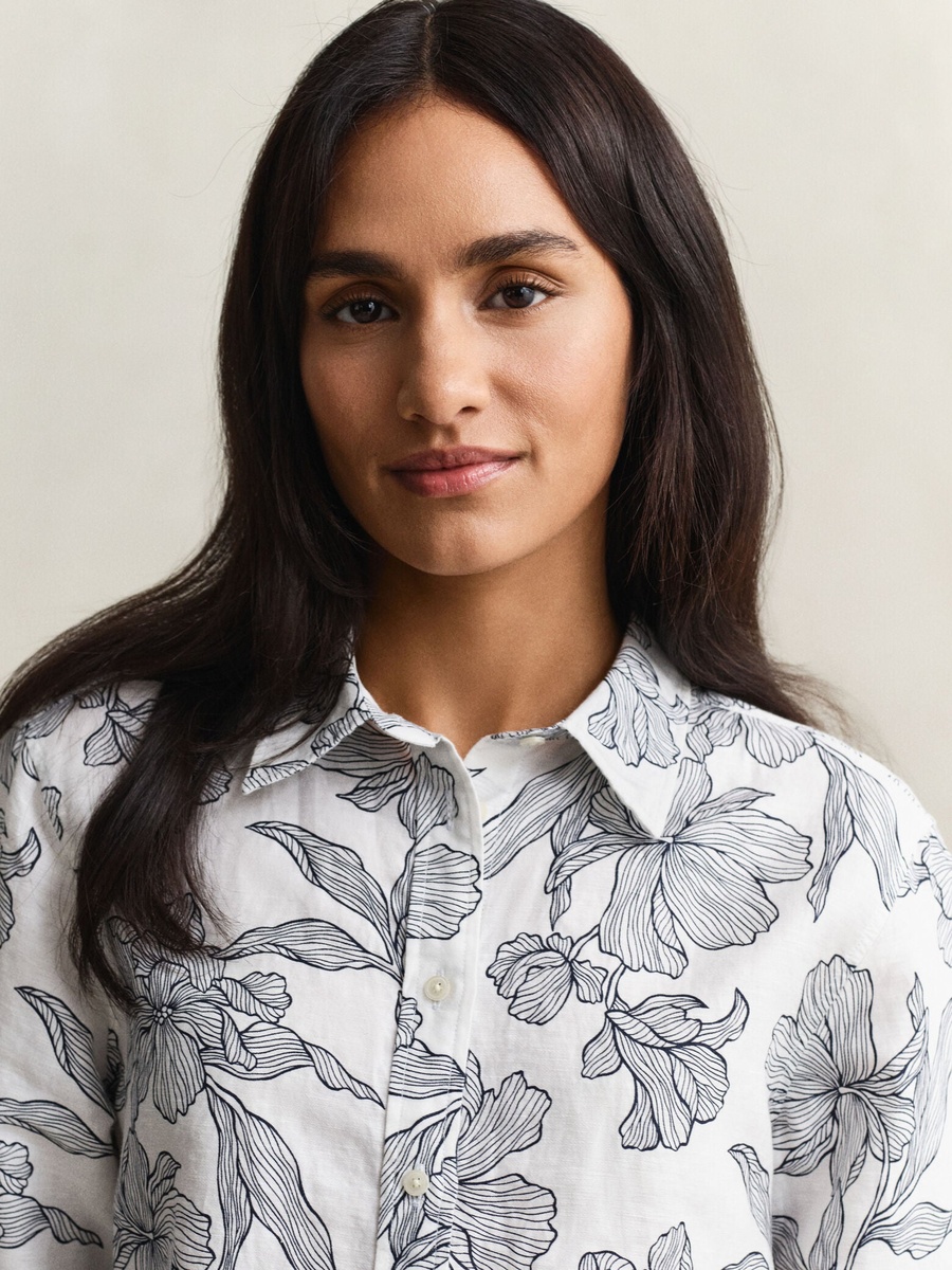 Blue Floral Linen Blend Shirt