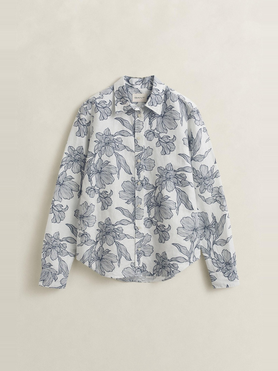 Blue Floral Linen Blend Shirt