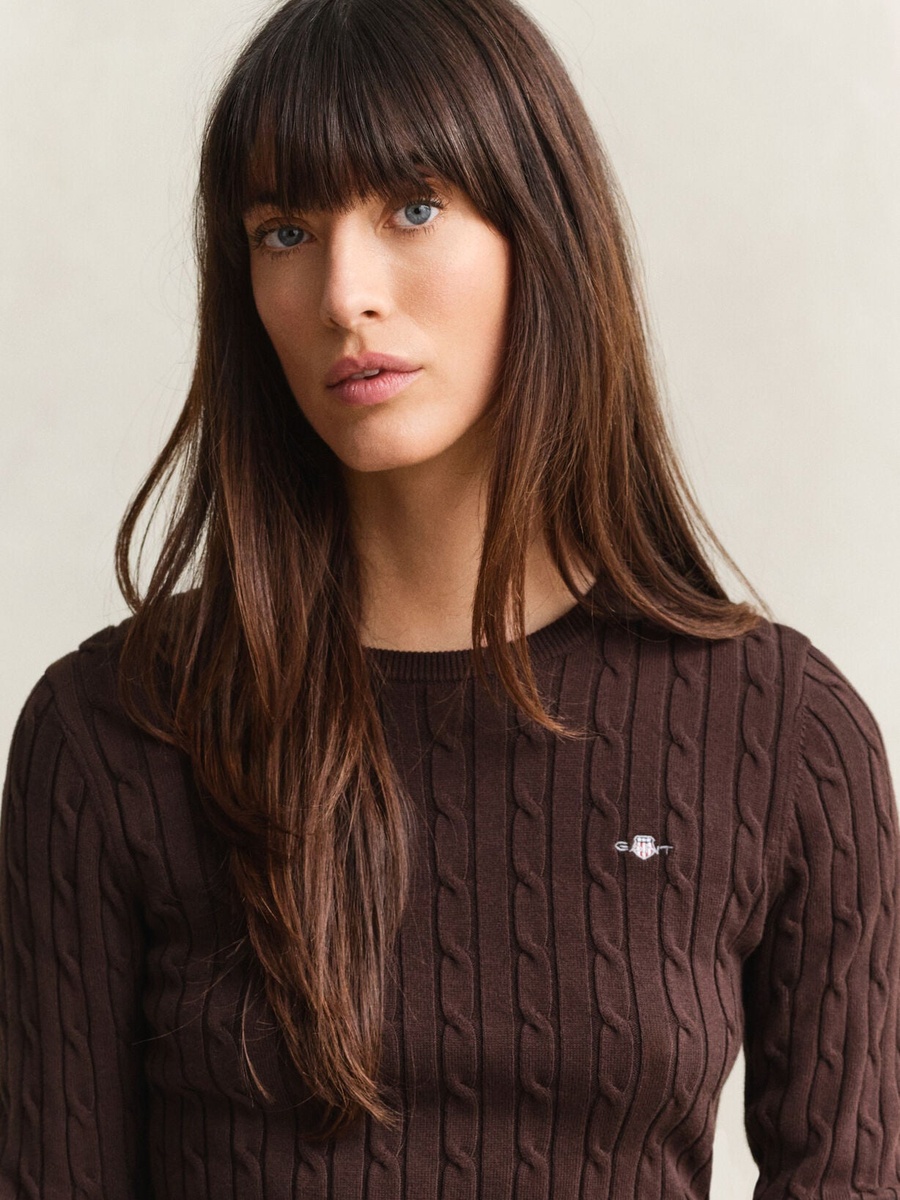 Brown Stretch Cotton Cable Knit Sweater