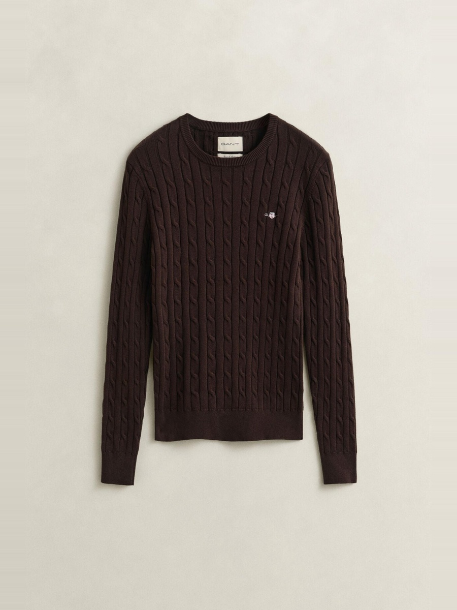 Brown Stretch Cotton Cable Knit Sweater