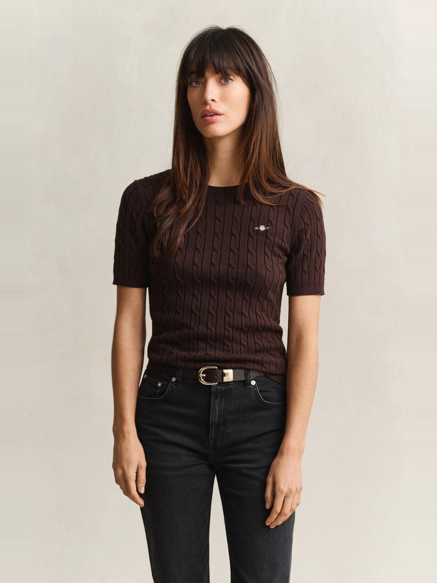 Brown Stretch Cotton Cable Short Sleeve Sweater