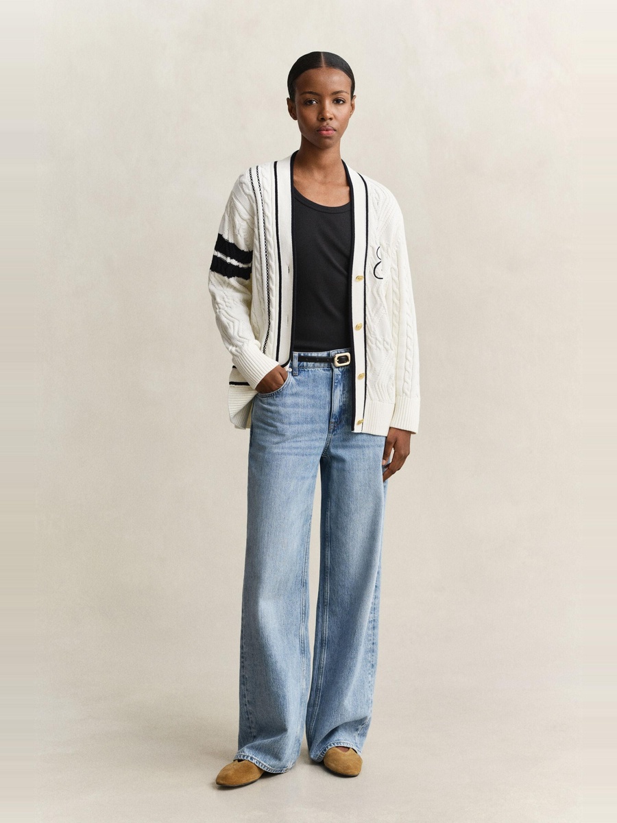 White Varsity Cable Knit Cardigan
