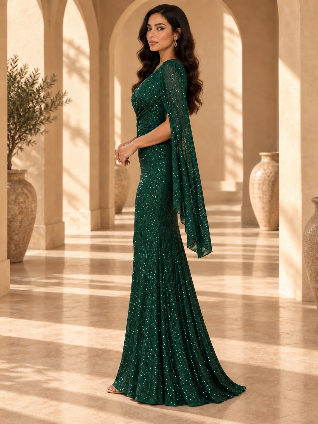 Dark Green Sequin Twist Front Cape Sleeve Mermaid Maxi Dress