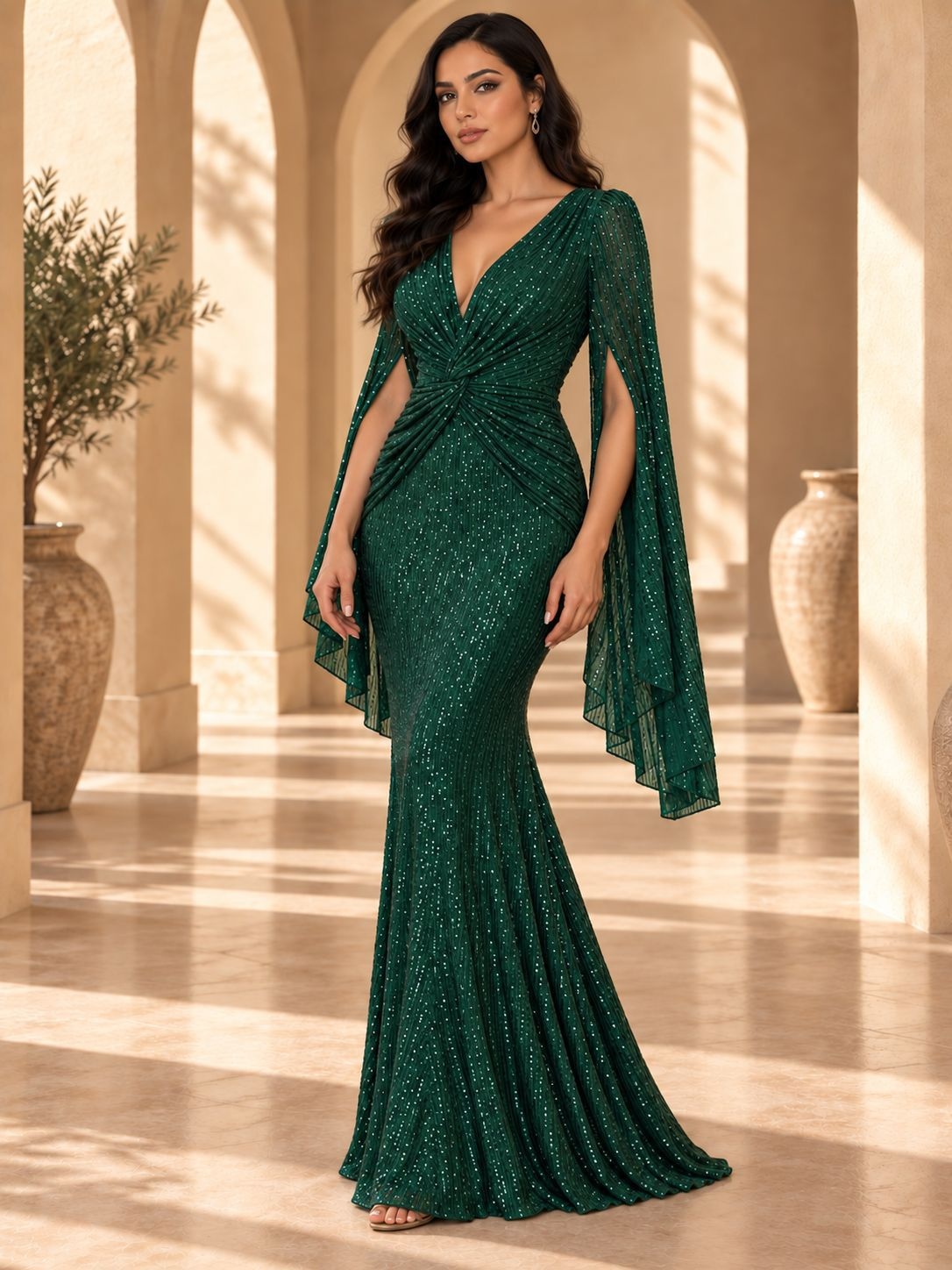 Dark Green Sequin Twist Front Cape Sleeve Mermaid Maxi Dress