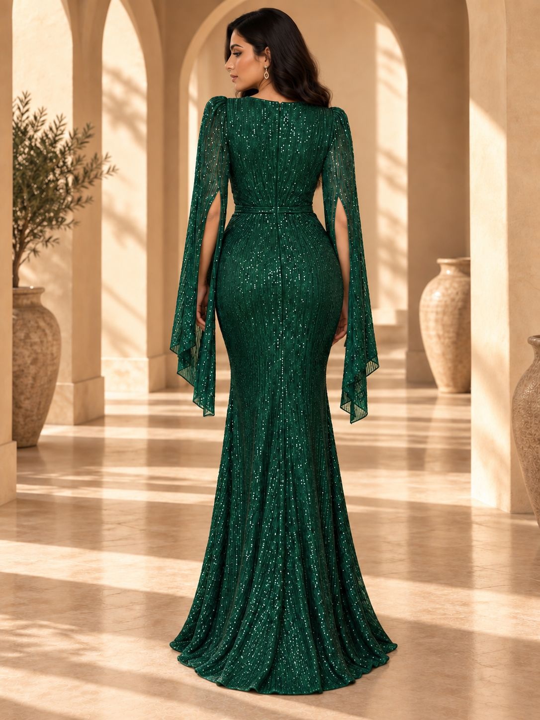 Dark Green Sequin Twist Front Cape Sleeve Mermaid Maxi Dress