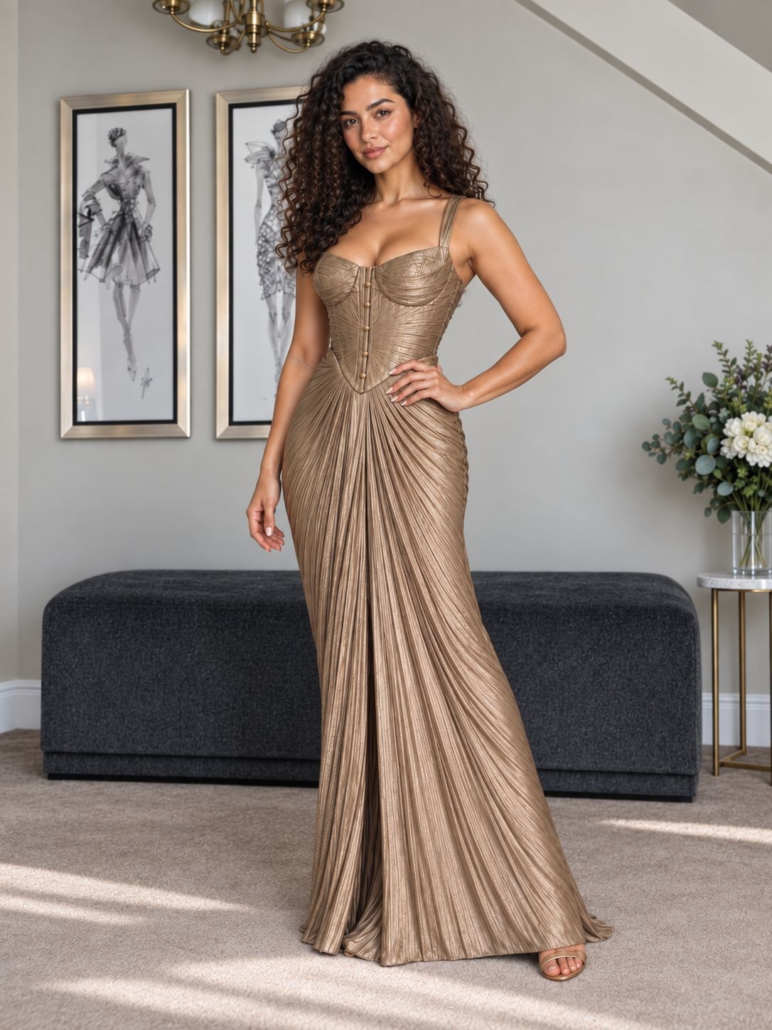 Gold Metallic Pleated Sweetheart Corset Mermaid Maxi Dress