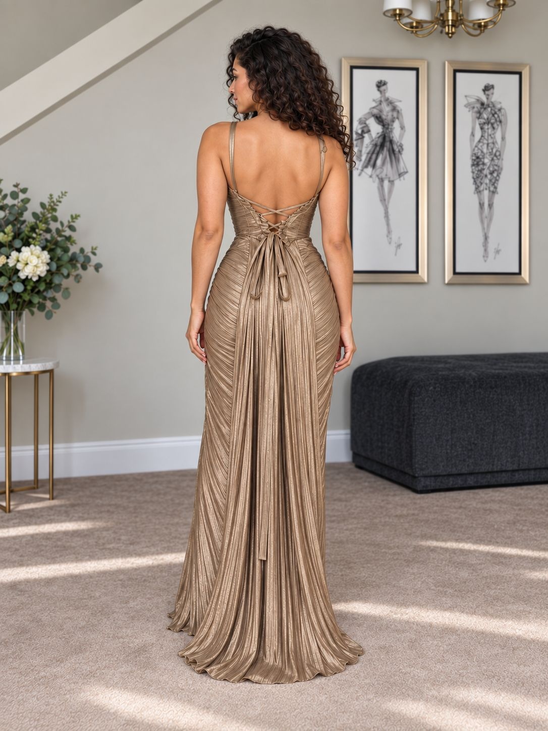 Gold Metallic Pleated Sweetheart Corset Mermaid Maxi Dress