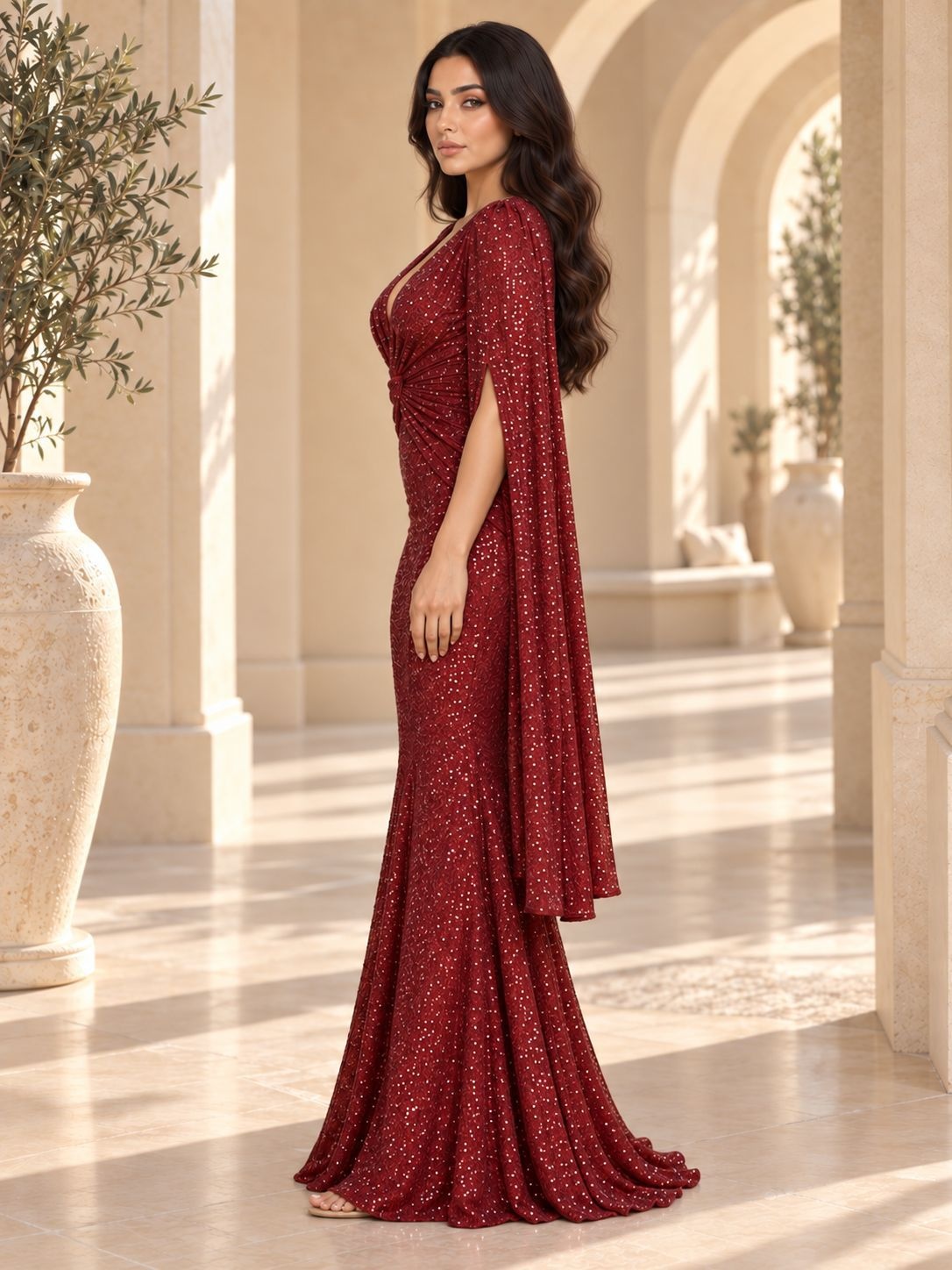 Burgundy Sequin Twist Front Cape Sleeve Mermaid Maxi Dress