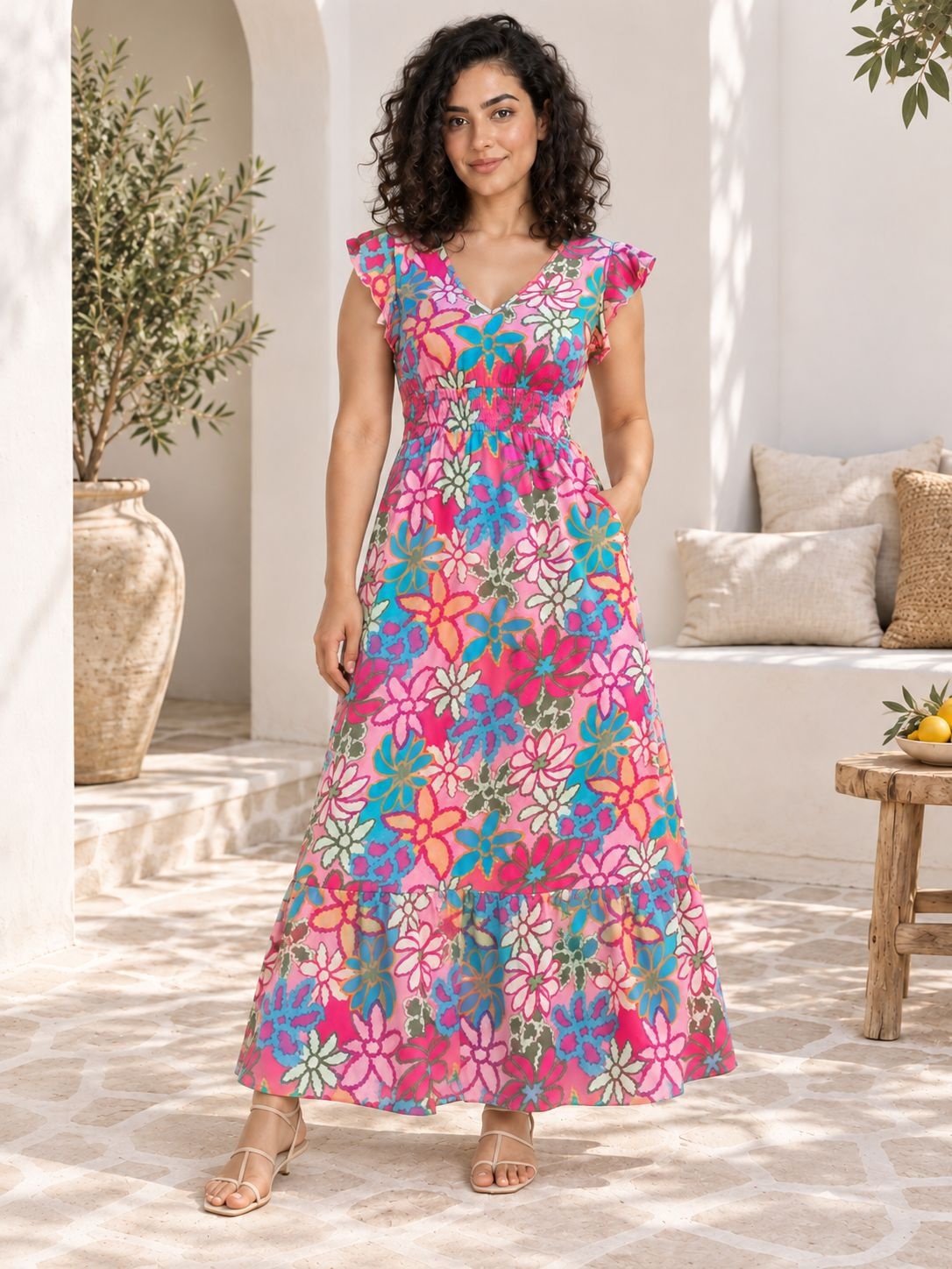 Multicolor Floral Print Flutter Sleeve A Line Maxi Dress