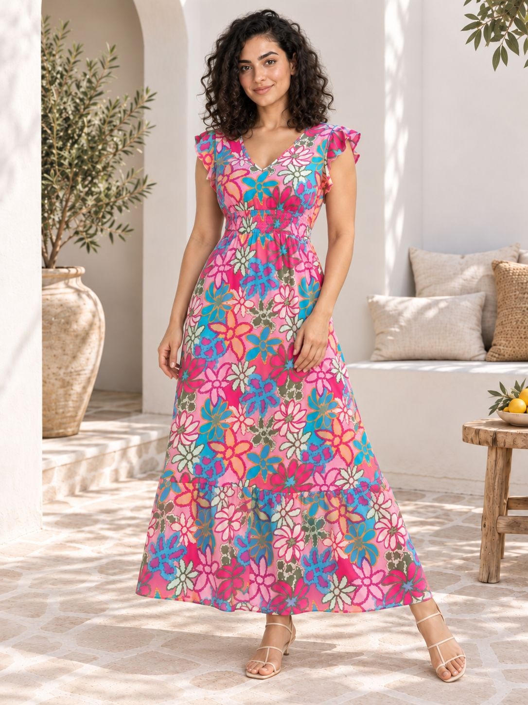 Multicolor Floral Print Flutter Sleeve A Line Maxi Dress