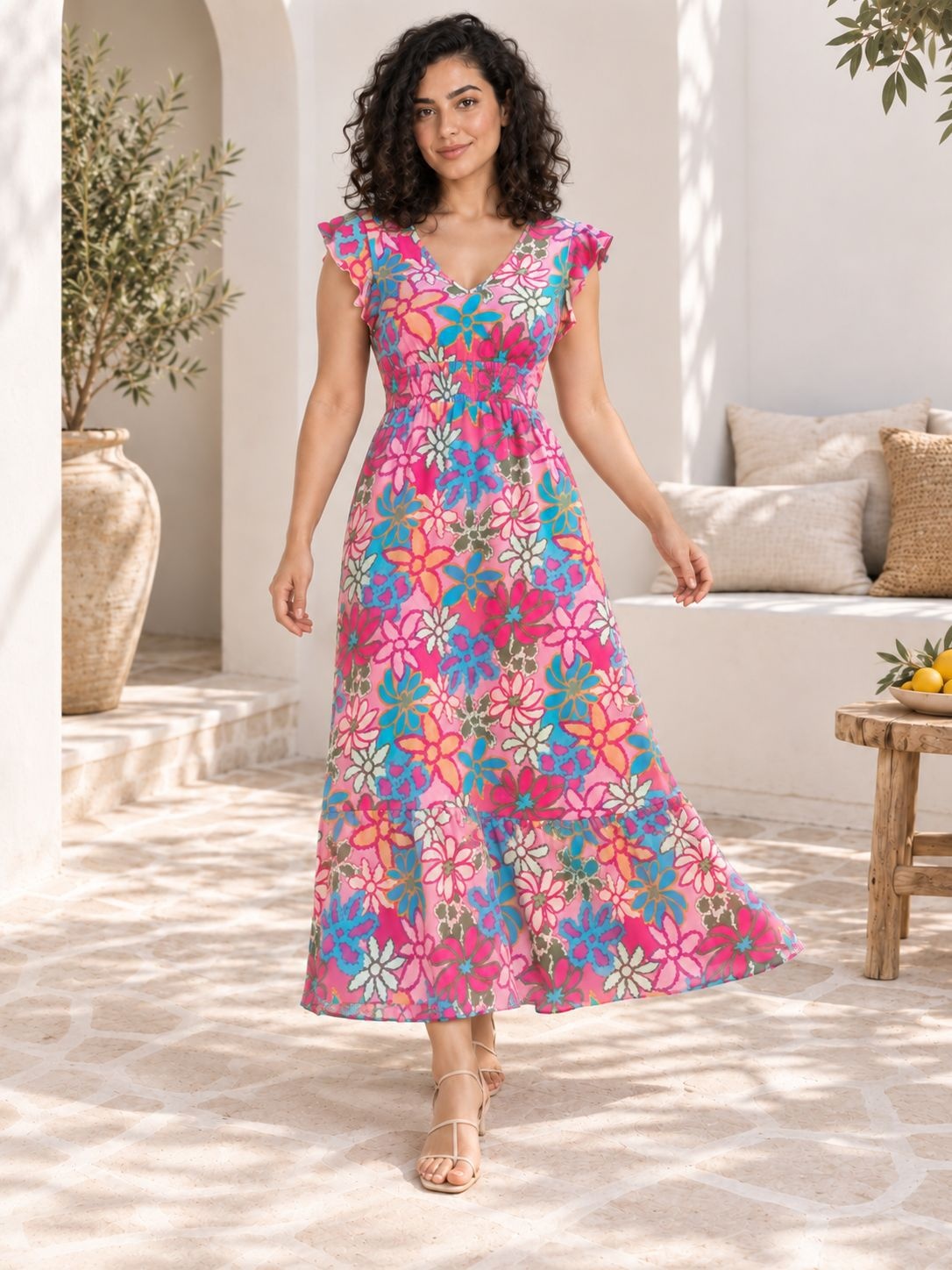Multicolor Floral Print Flutter Sleeve A Line Maxi Dress