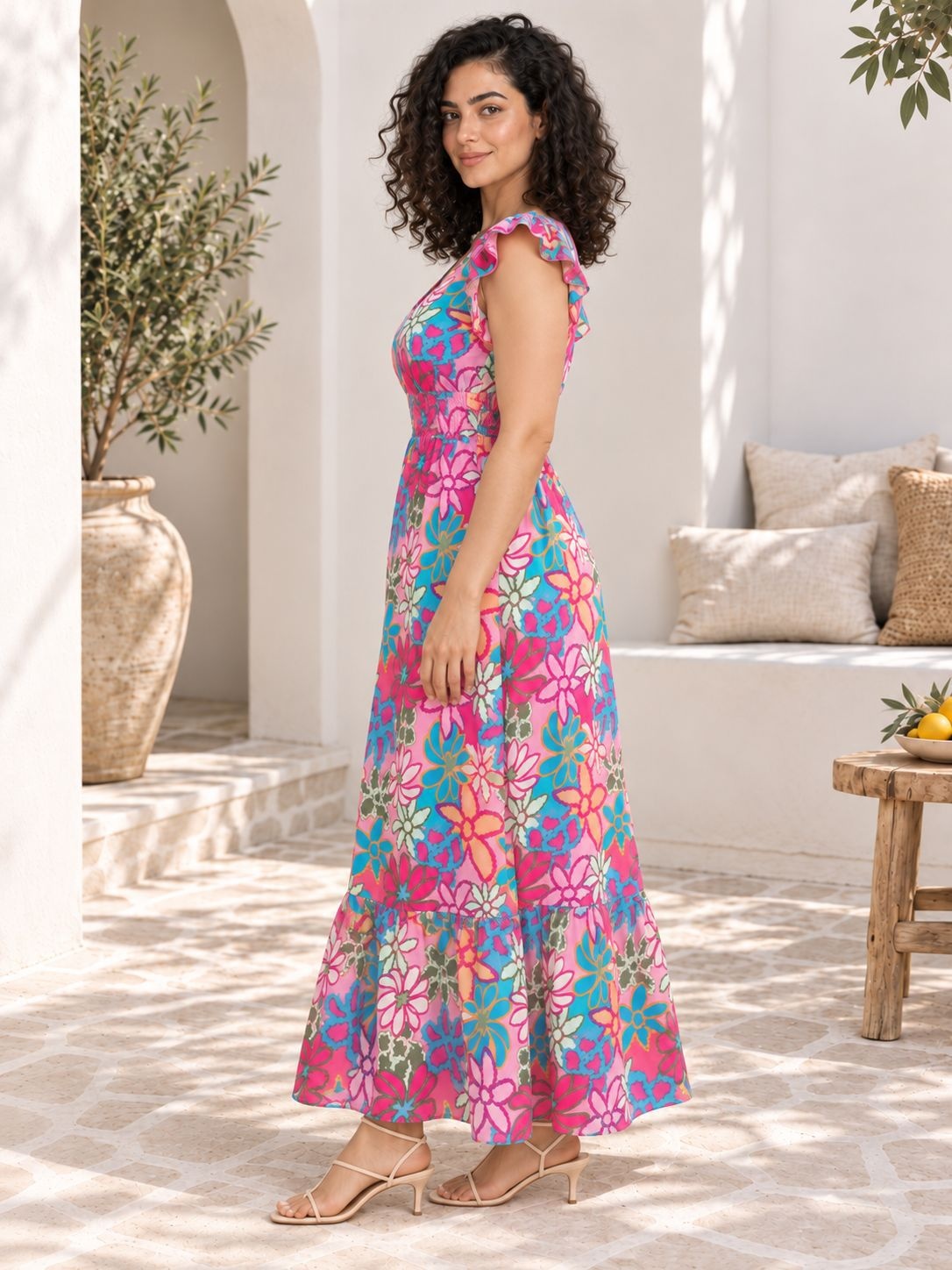 Multicolor Floral Print Flutter Sleeve A Line Maxi Dress