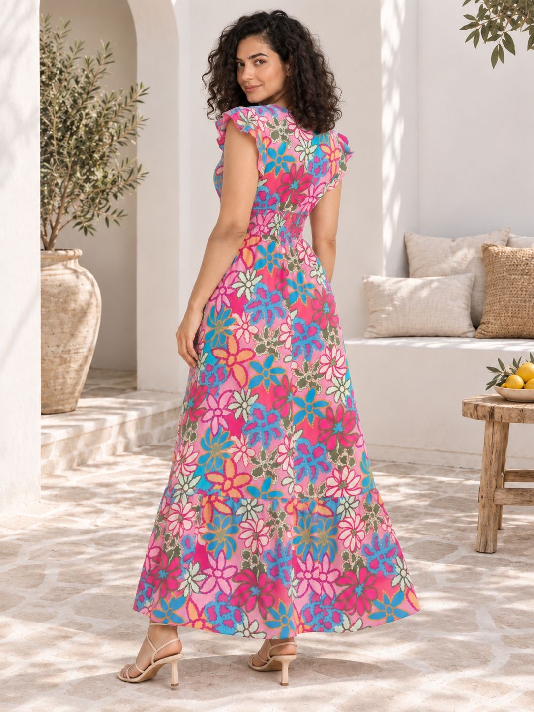 Multicolor Floral Print Flutter Sleeve A Line Maxi Dress