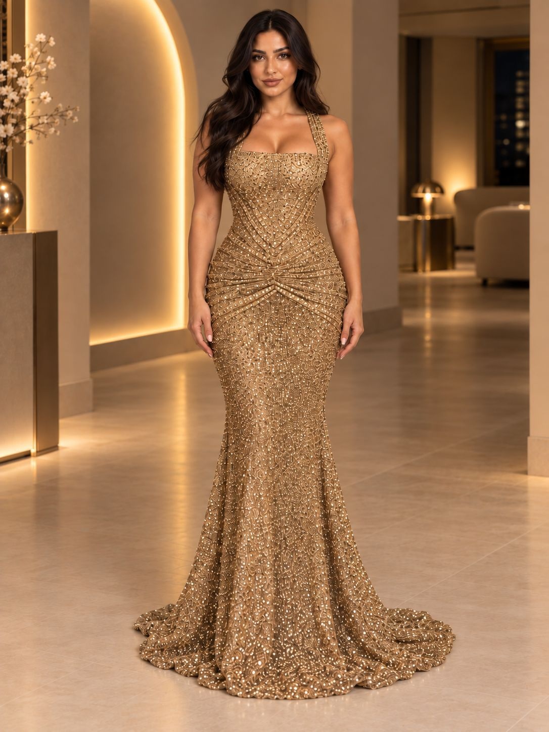 Gold Embellished Halter Neck Twist Mermaid Maxi Evening Gown