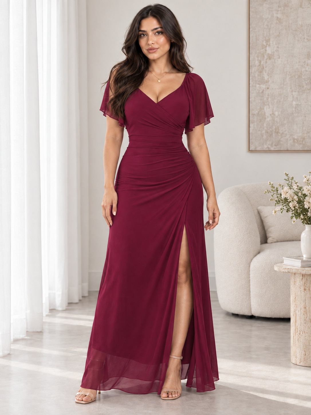 Burgundy V Neck Flutter Sleeve Ruched Wrap High Slit Maxi Dress