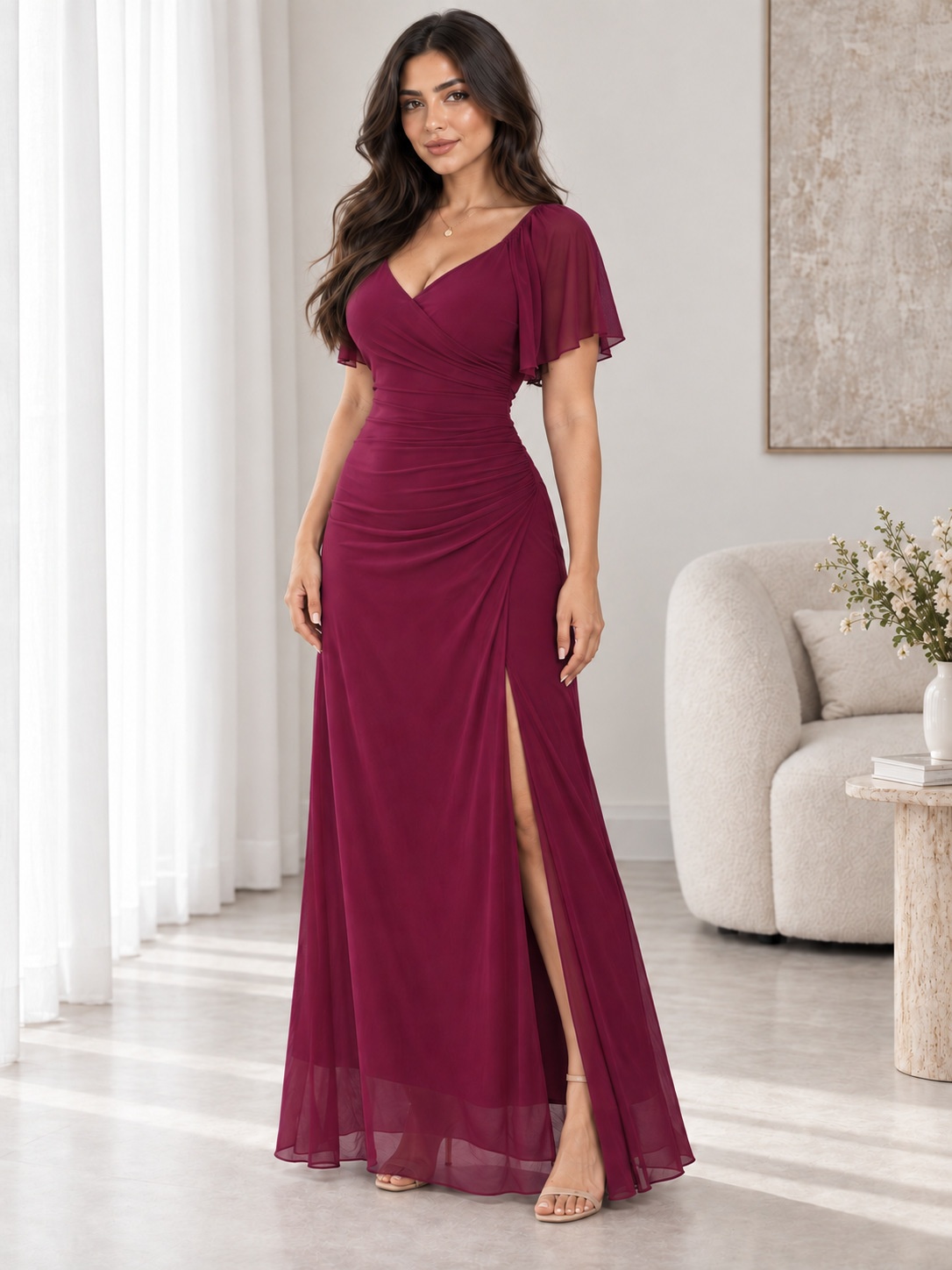 Burgundy V Neck Flutter Sleeve Ruched Wrap High Slit Maxi Dress