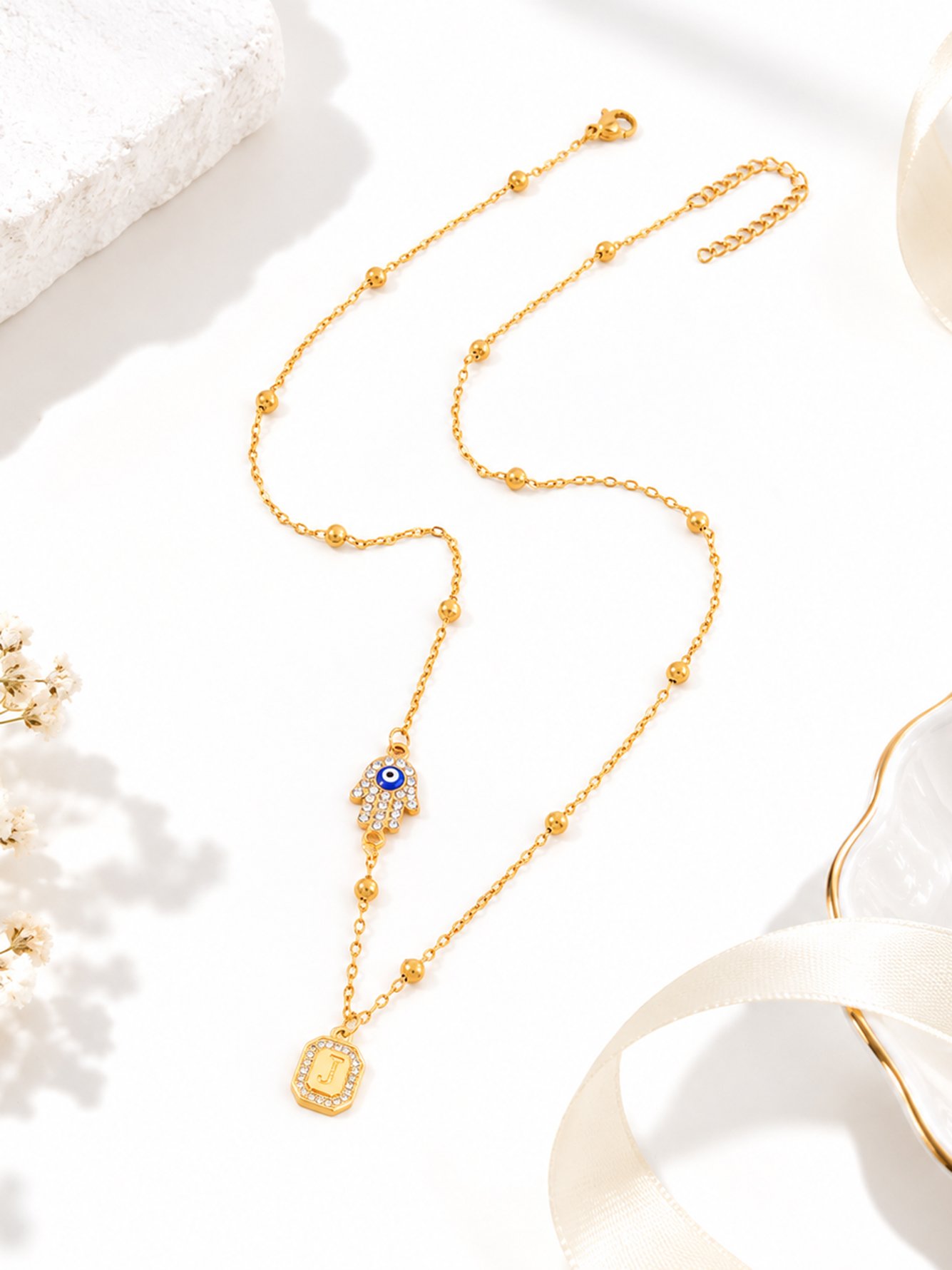 Initial Hamsa Hand Pendant Necklace