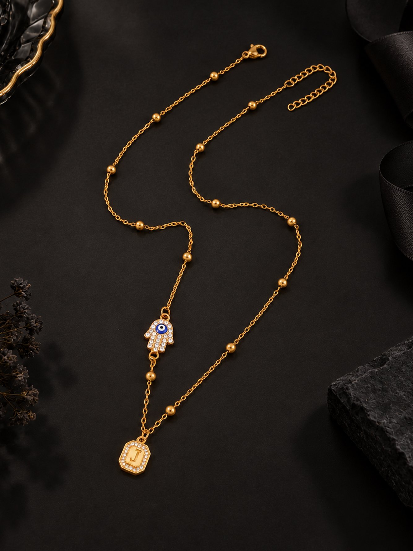 Initial Hamsa Hand Pendant Necklace
