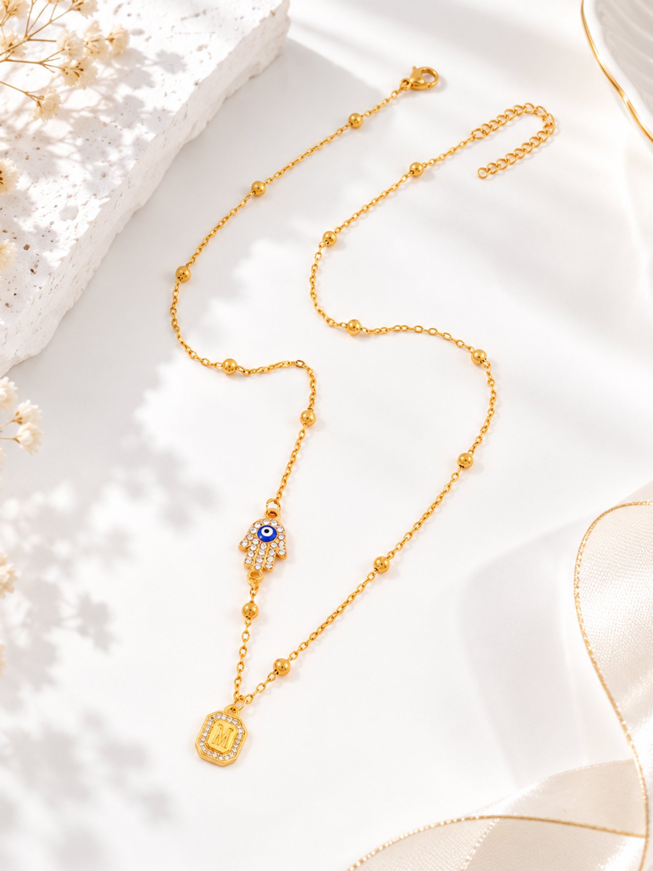 Initial Hamsa Hand Pendant Necklace