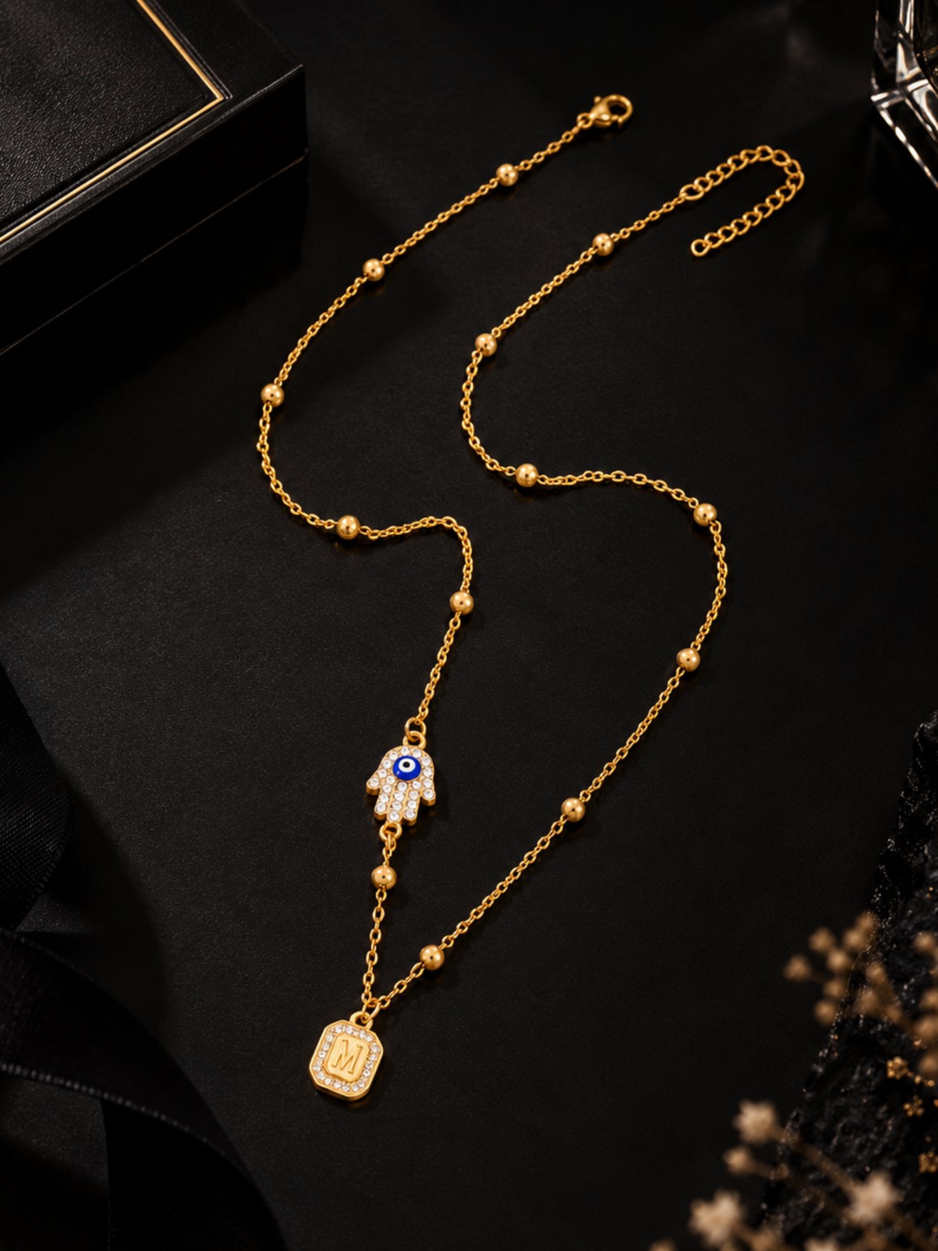 Initial Hamsa Hand Pendant Necklace