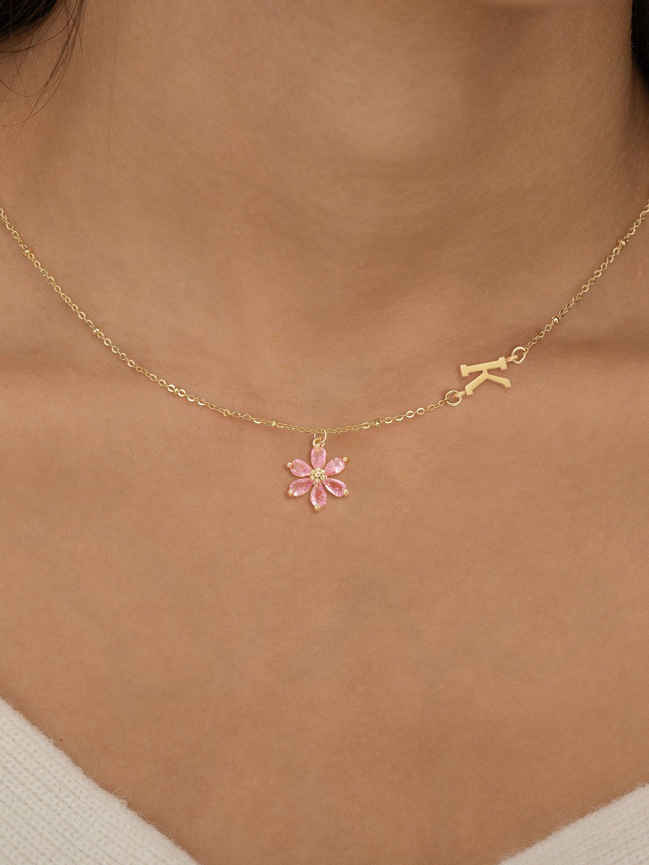 Gold Initial and Flower Pendant Necklace