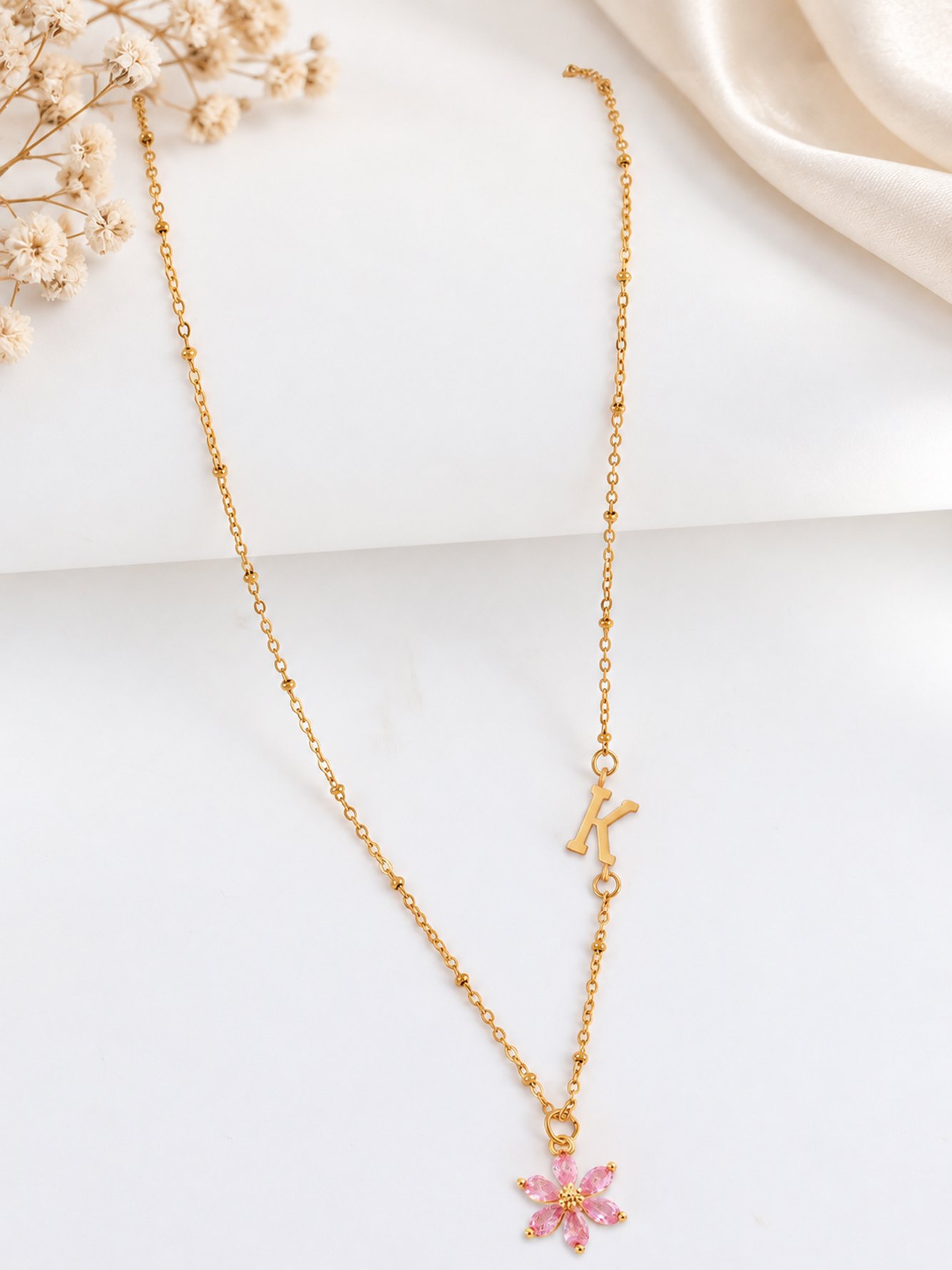 Gold Initial and Flower Pendant Necklace