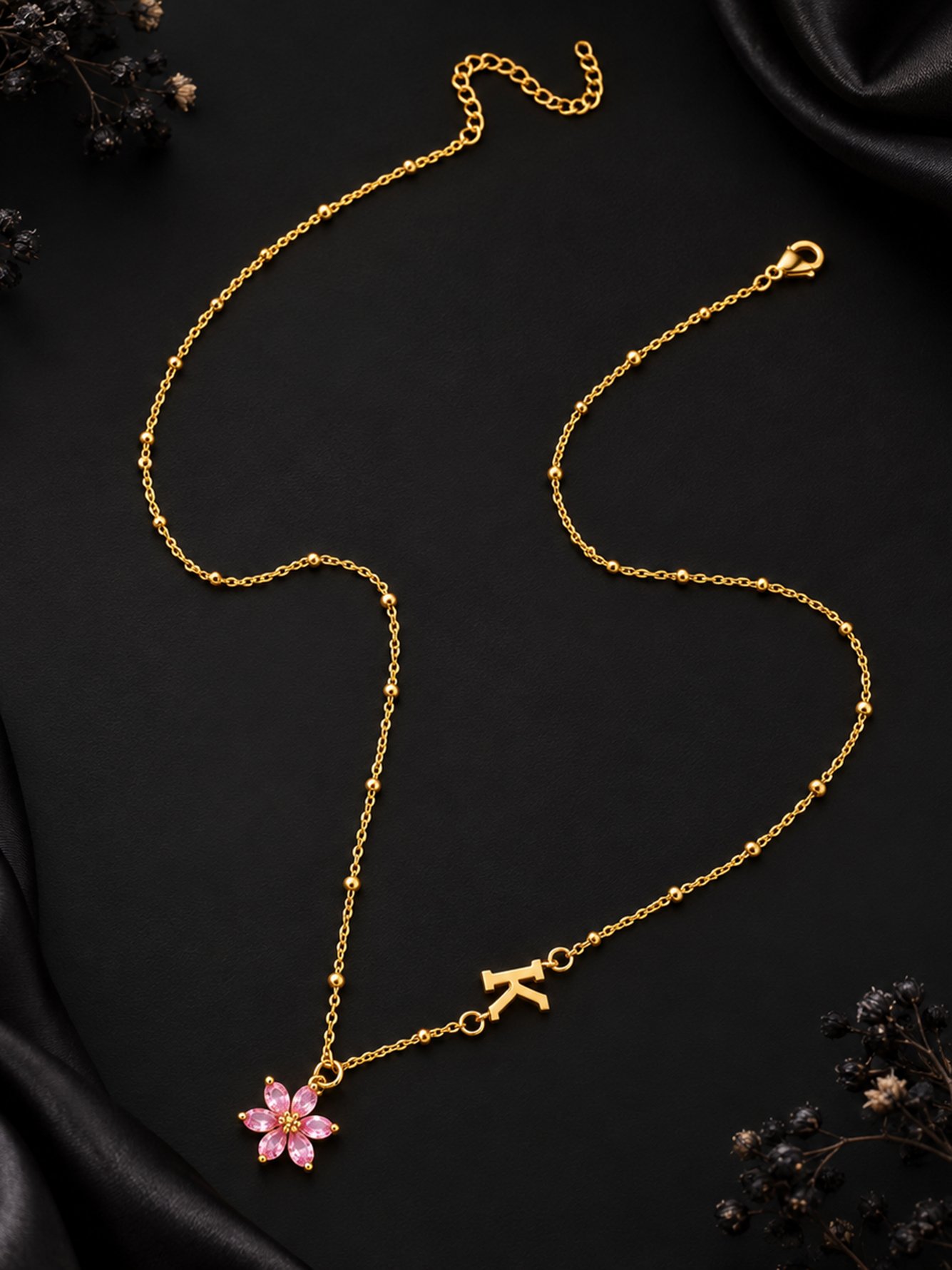 Gold Initial and Flower Pendant Necklace