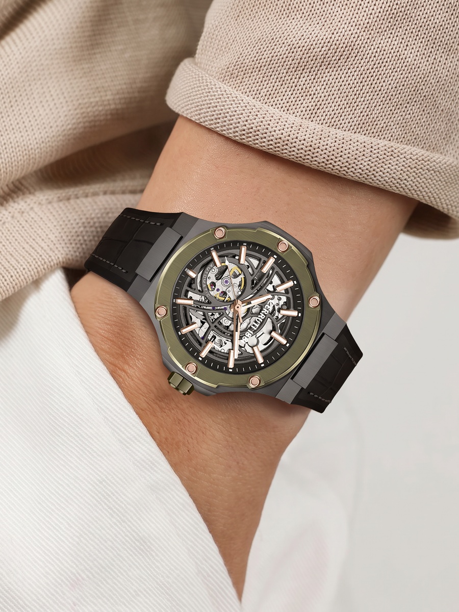 Lucardo Black-Gunmetal Dial, Silicone-Leather Strap, Automatic Watch for Men, 49mm