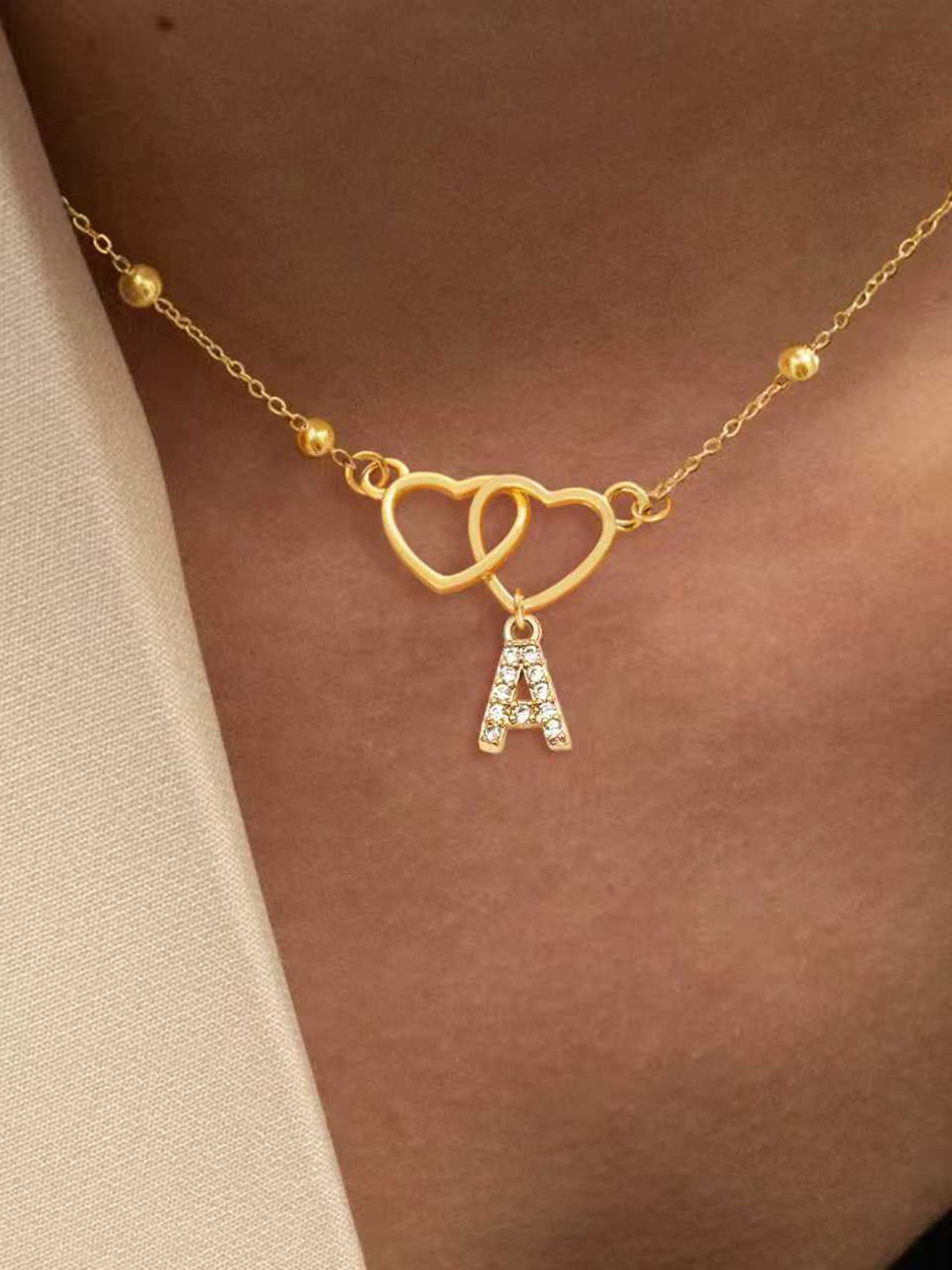 Double Heart Initial Pendant Necklace