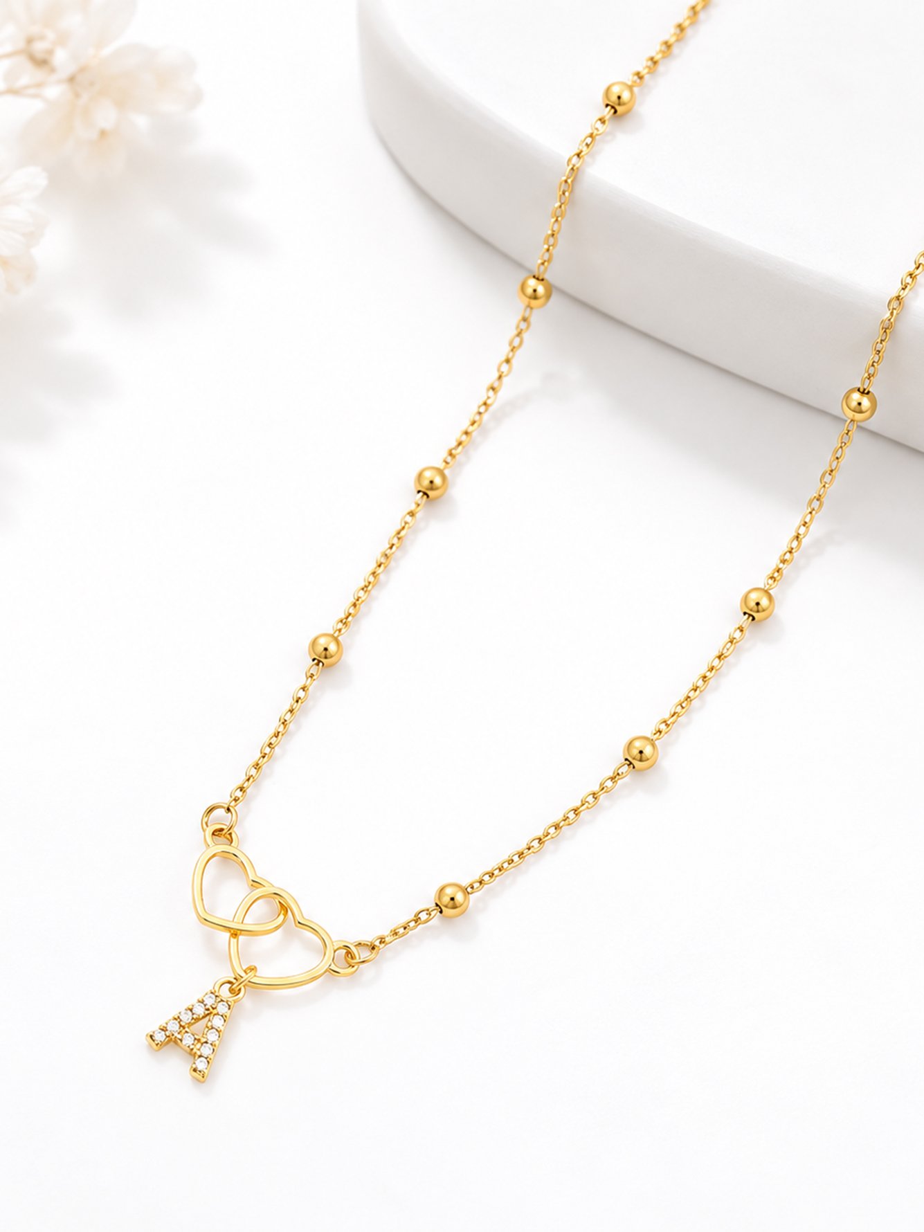 Double Heart Initial Pendant Necklace
