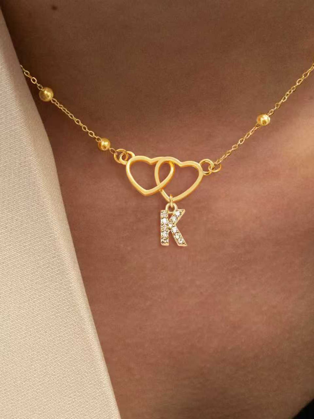 Double Heart Initial Pendant Necklace