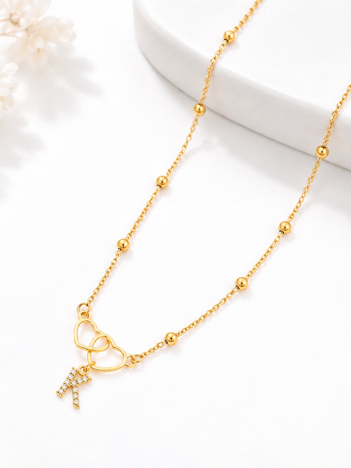 Double Heart Initial Pendant Necklace