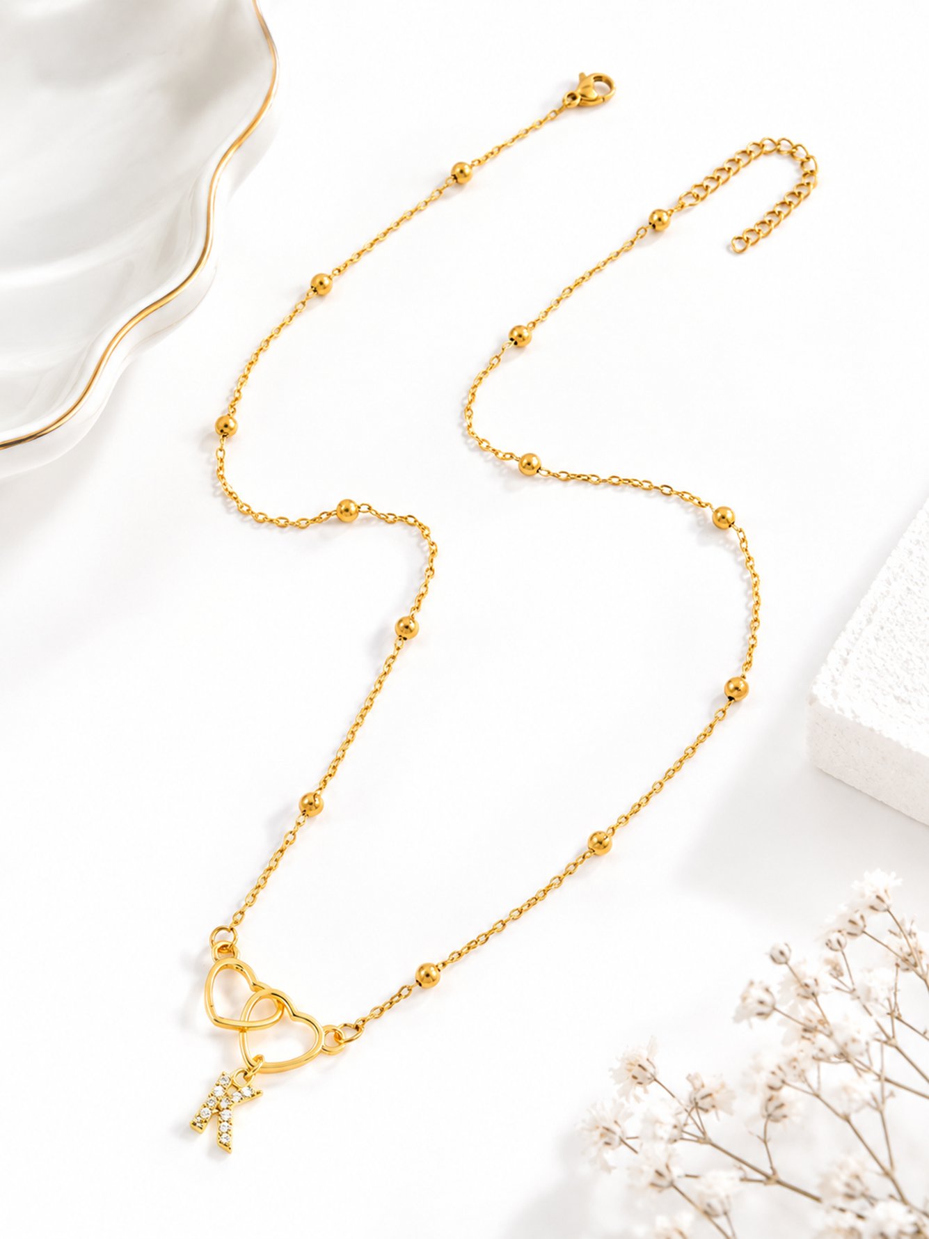 Double Heart Initial Pendant Necklace