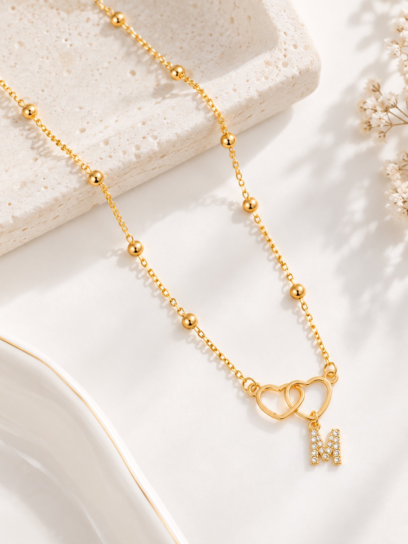 Double Heart Initial Pendant Necklace