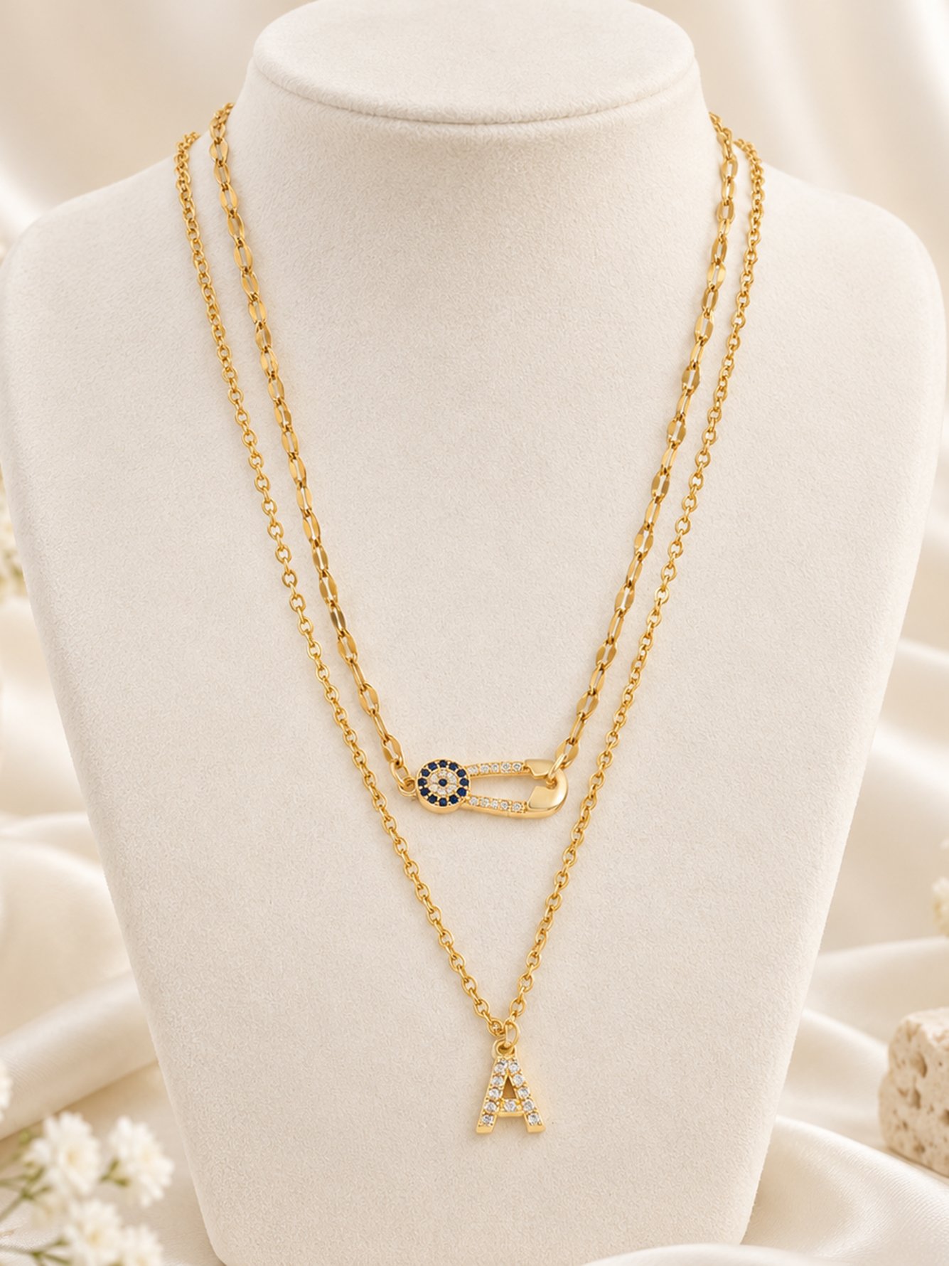 Set of 2 - Evil Eye Safety Pin and Initial A Layered Necklace