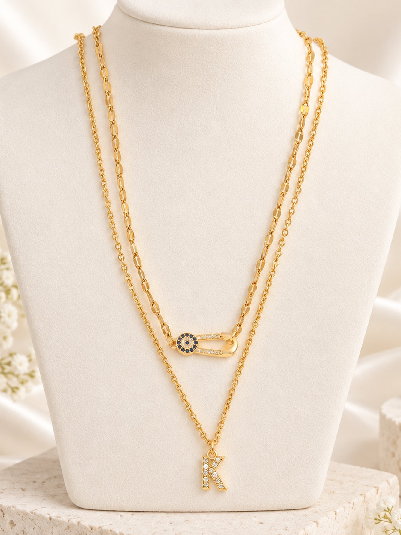 Set of 2 - Fashion Pin Initial Pendant Necklace
