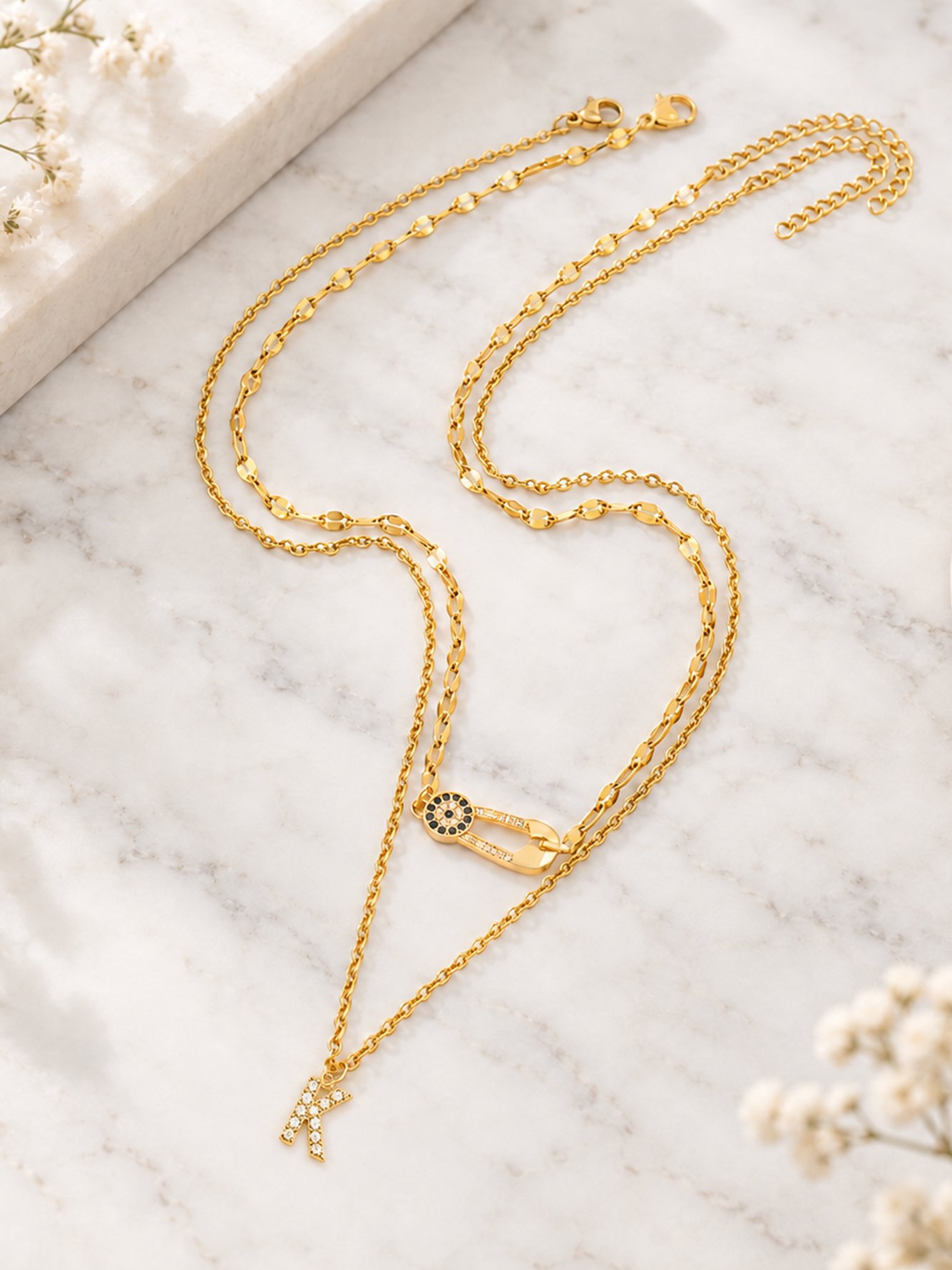 Set of 2 - Fashion Pin Initial Pendant Necklace