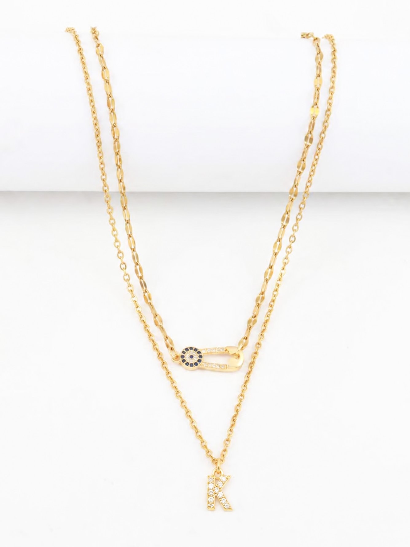 Set of 2 - Fashion Pin Initial Pendant Necklace