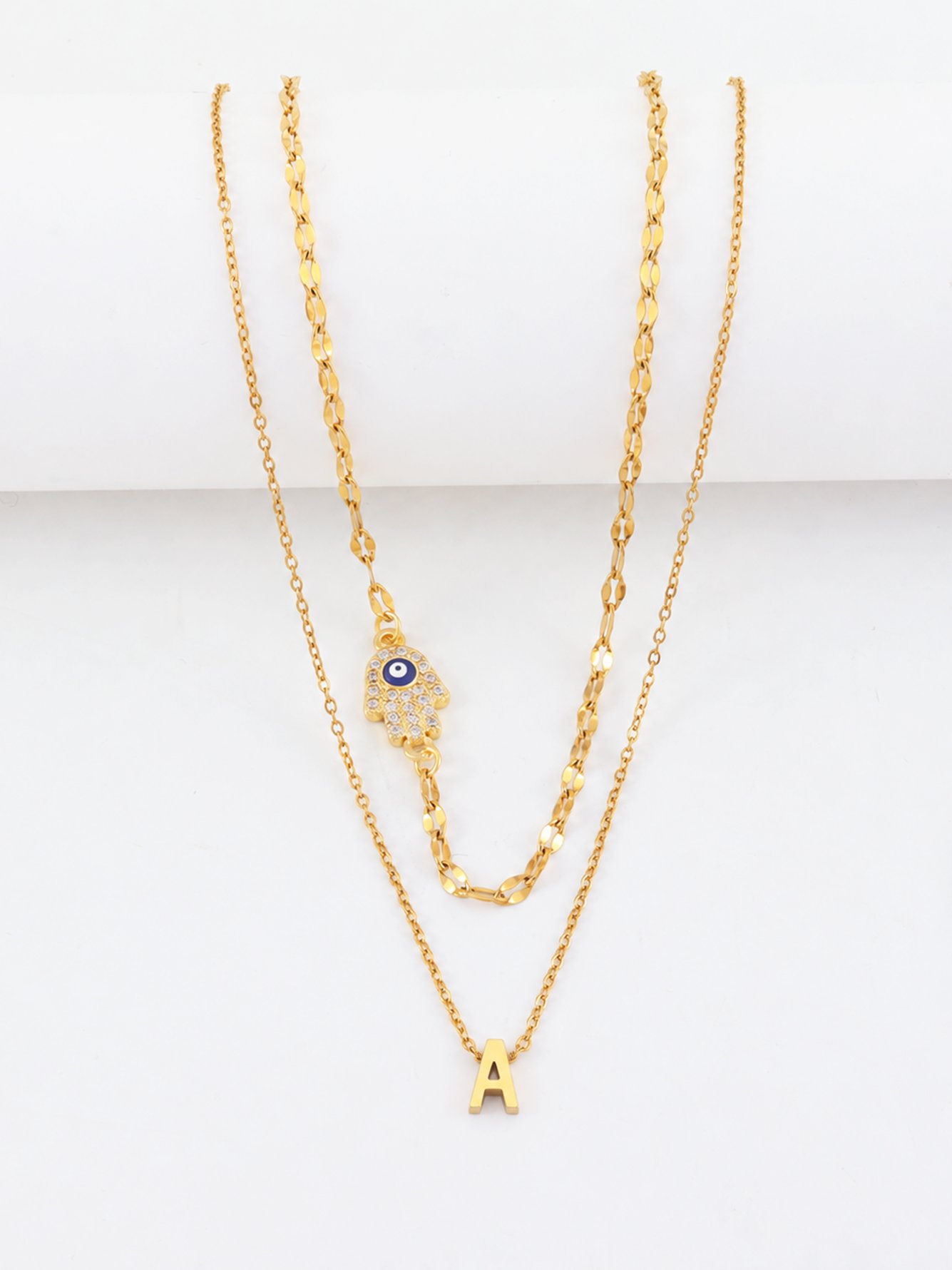 Set of 2 - Hamsa Palm Initial Pendant Necklace