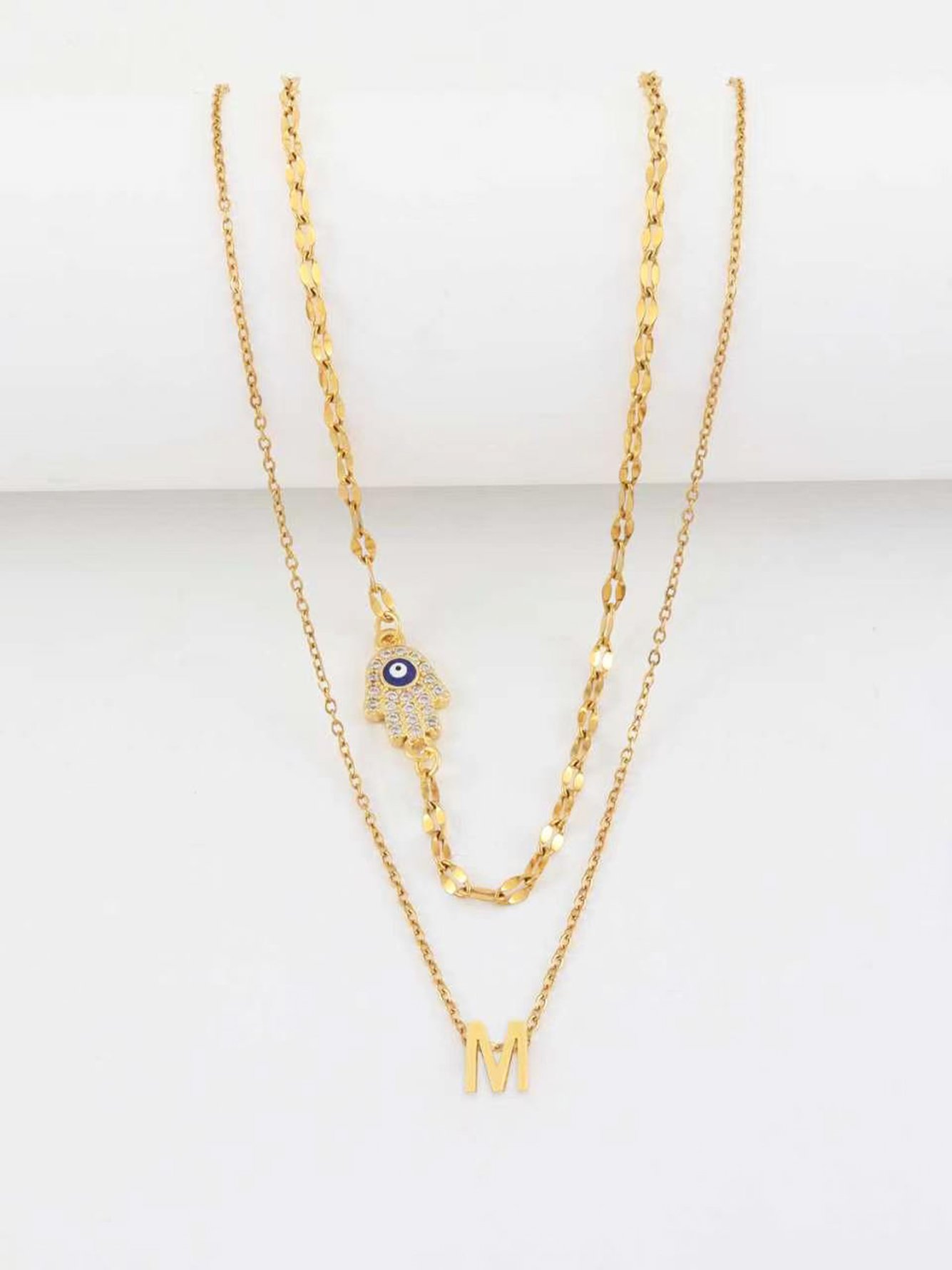 Set of 2 - Hamsa Palm Initial Pendant Necklace