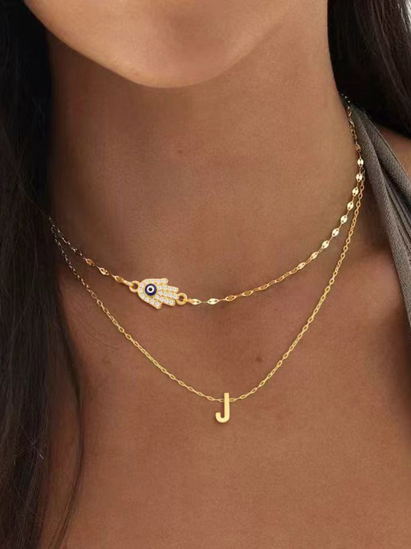 Set of 2 - Gold Plated Hamsa Hand Necklace